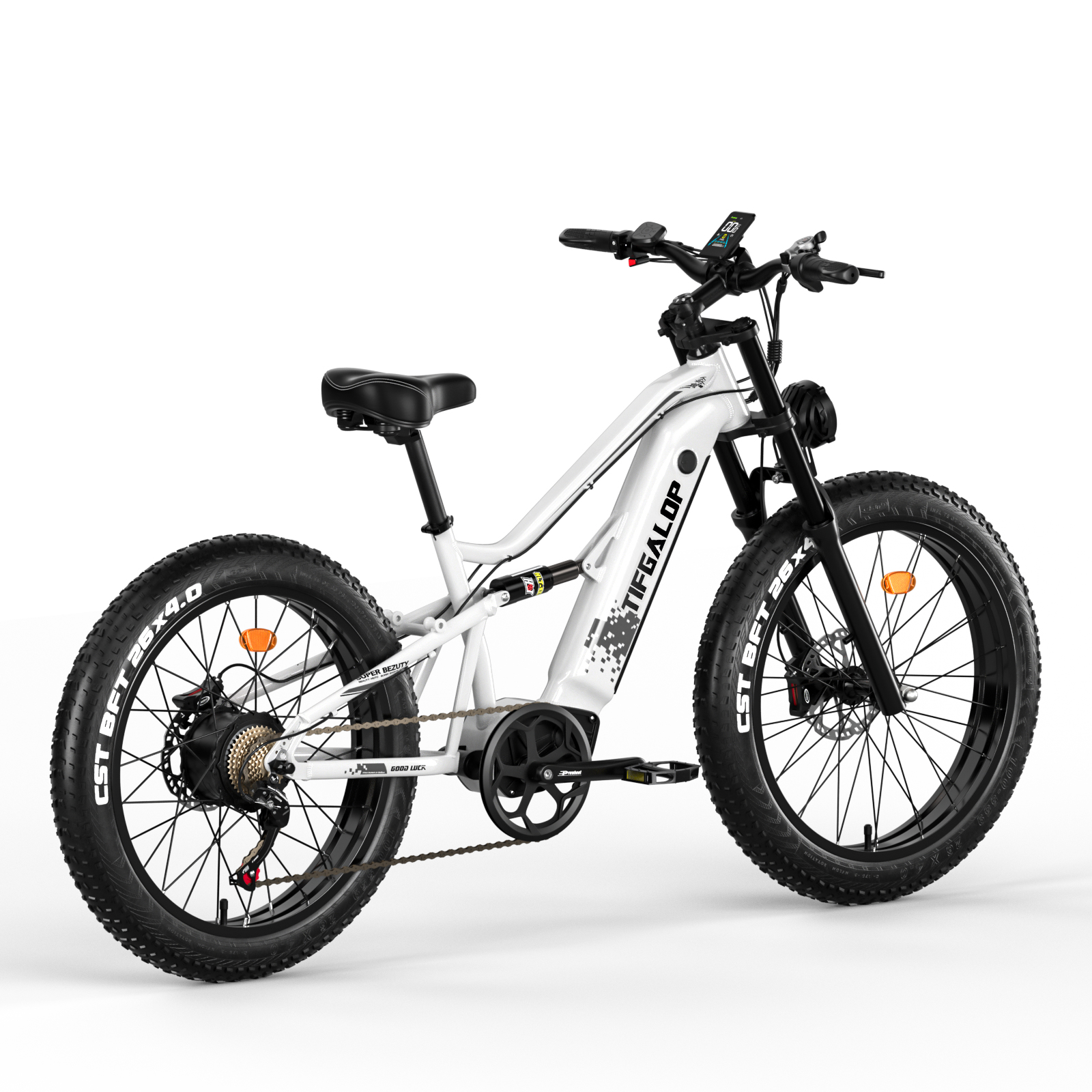 Ein weißes E-Bike mit dicken Reifen, schwarzem Sattel und Display.