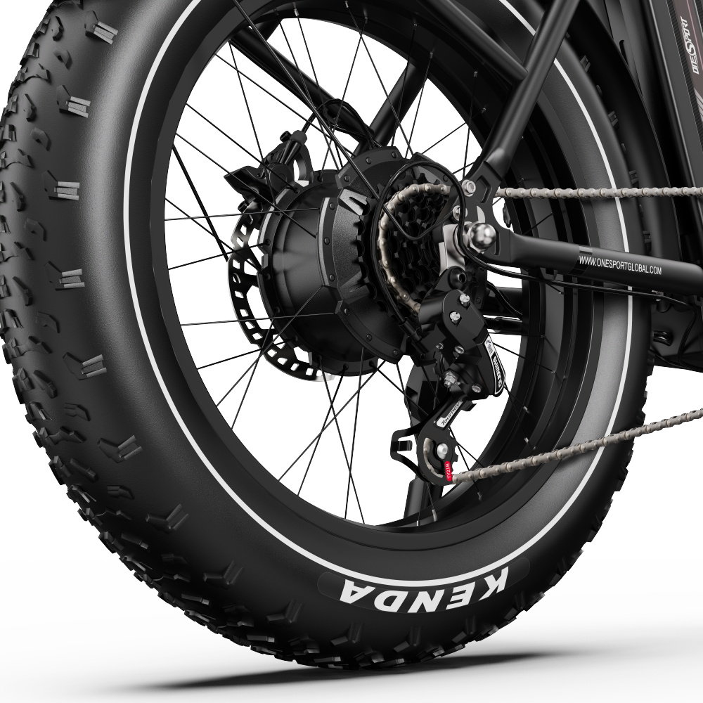 Nahaufnahme des Hinterrads eines schwarzen E-Bikes mit breitem Reifen, Kette und Gangschaltung.