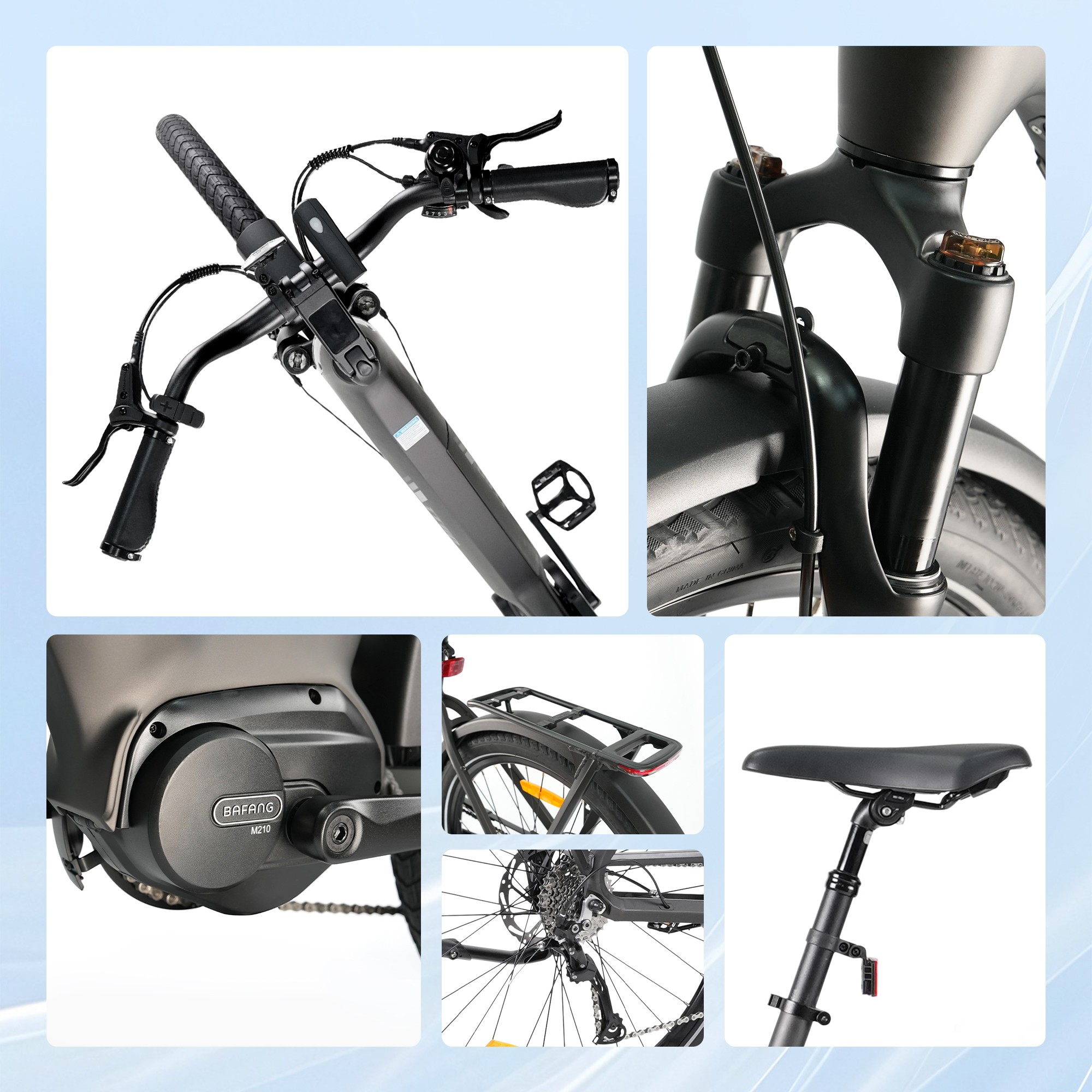 Collage von E-Bike-Teilen: Lenker, Gabel, Motor, Hinterrad, Sattelstütze.