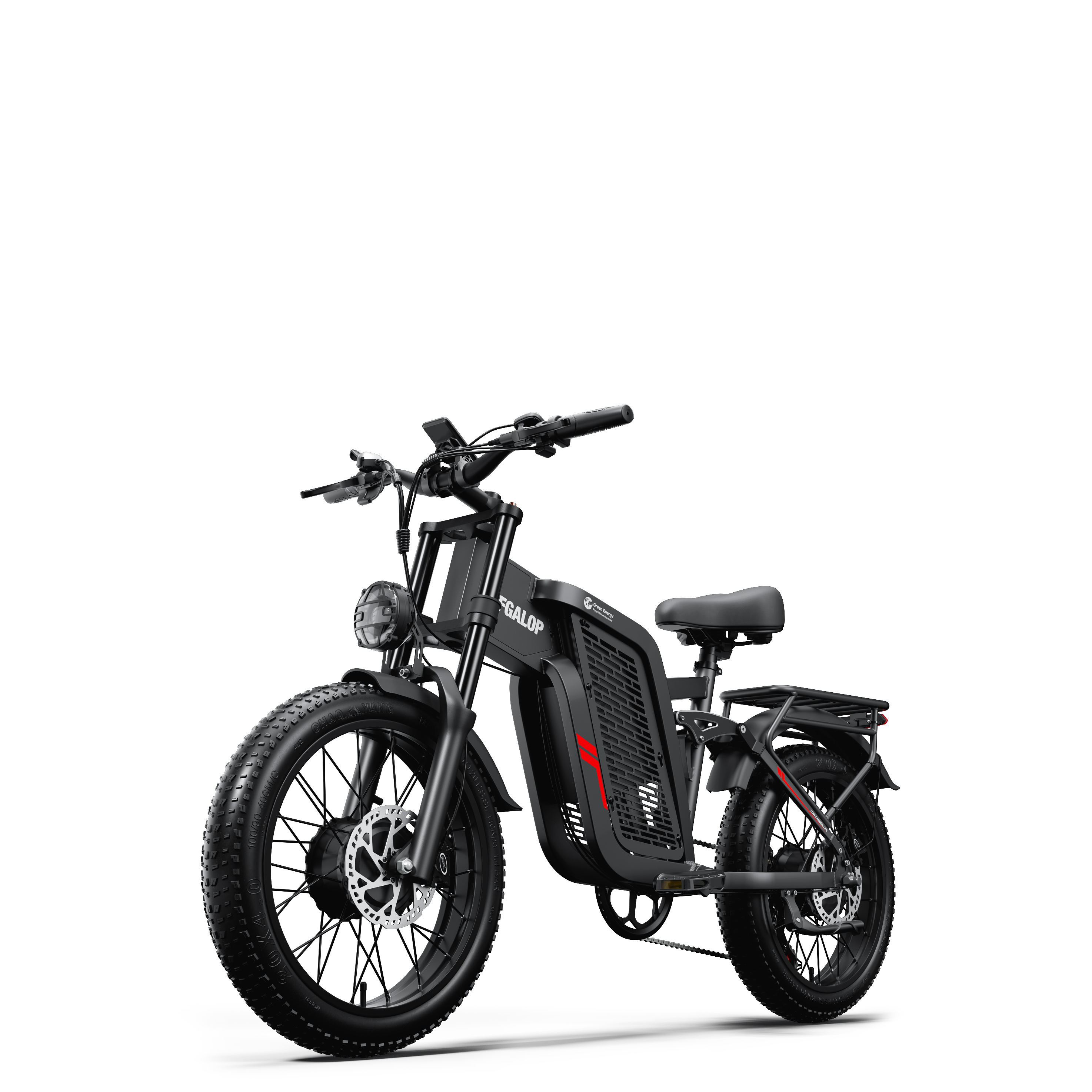 Schwarzes E-Bike mit fetten Reifen, Scheibenbremsen und Gepäckträger.