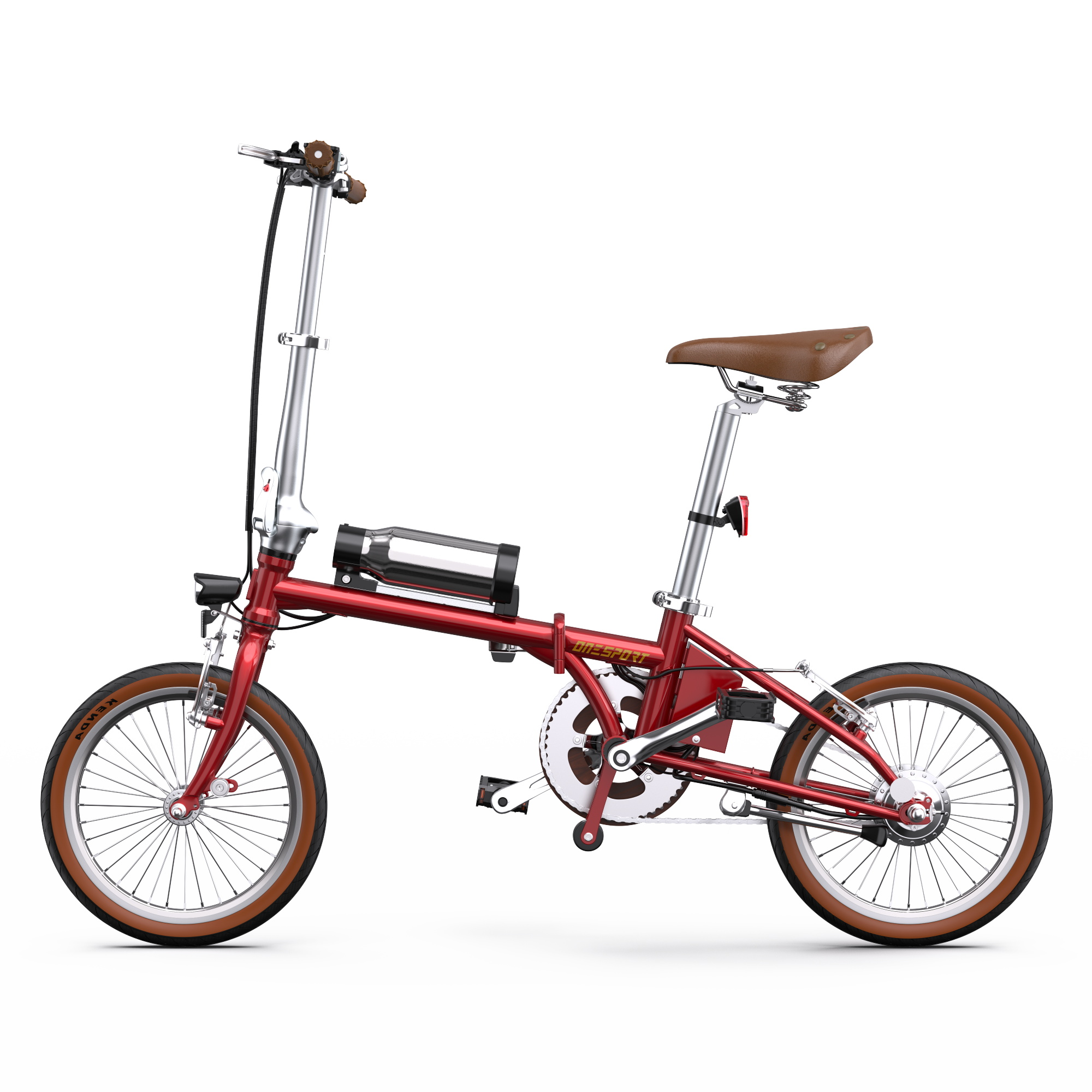 Ein rotes Klappfahrrad mit braunem Sattel und braunen Reifen steht auf weißem Grund.