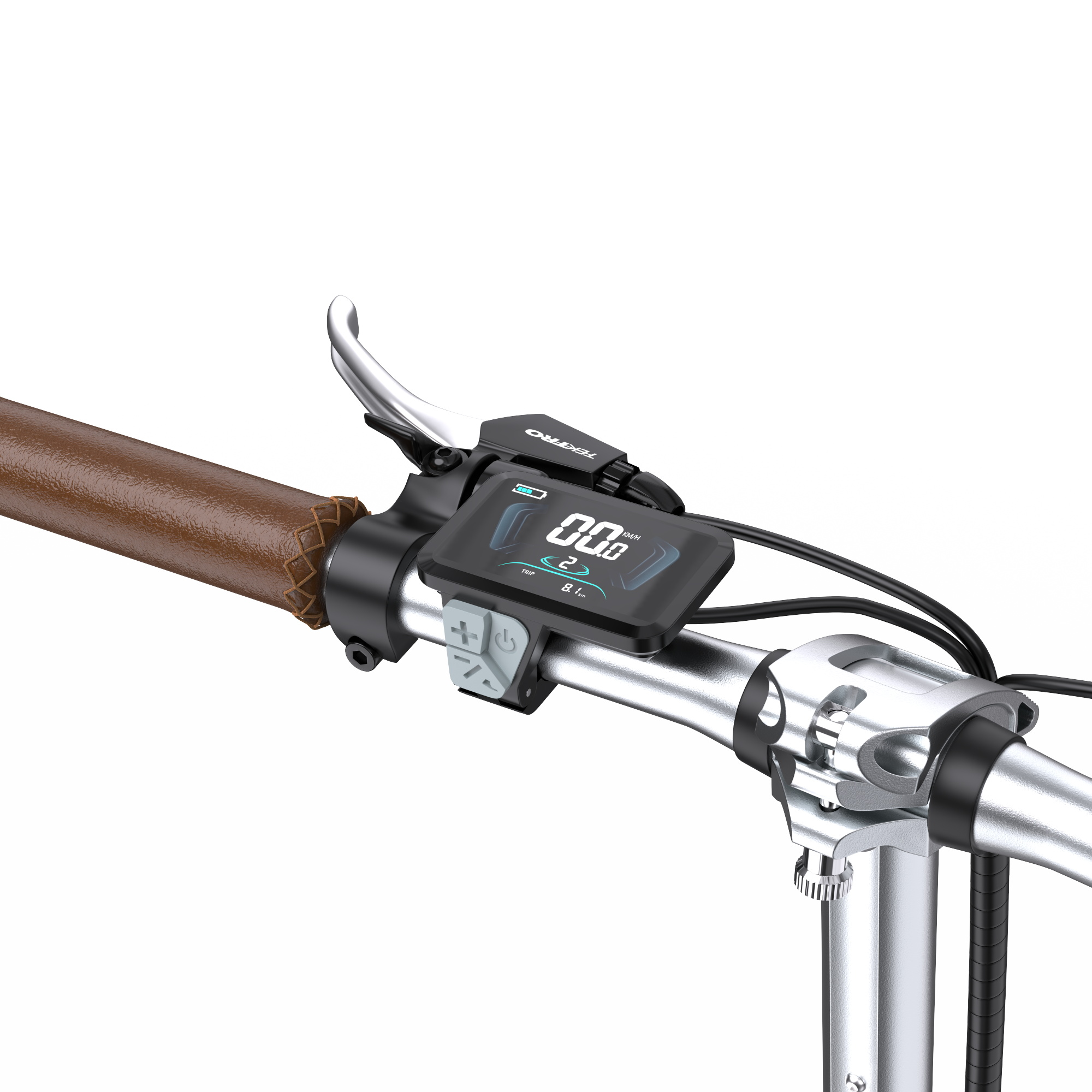 Lenker mit digitalem Display, braunem Griff und Bremshebel.