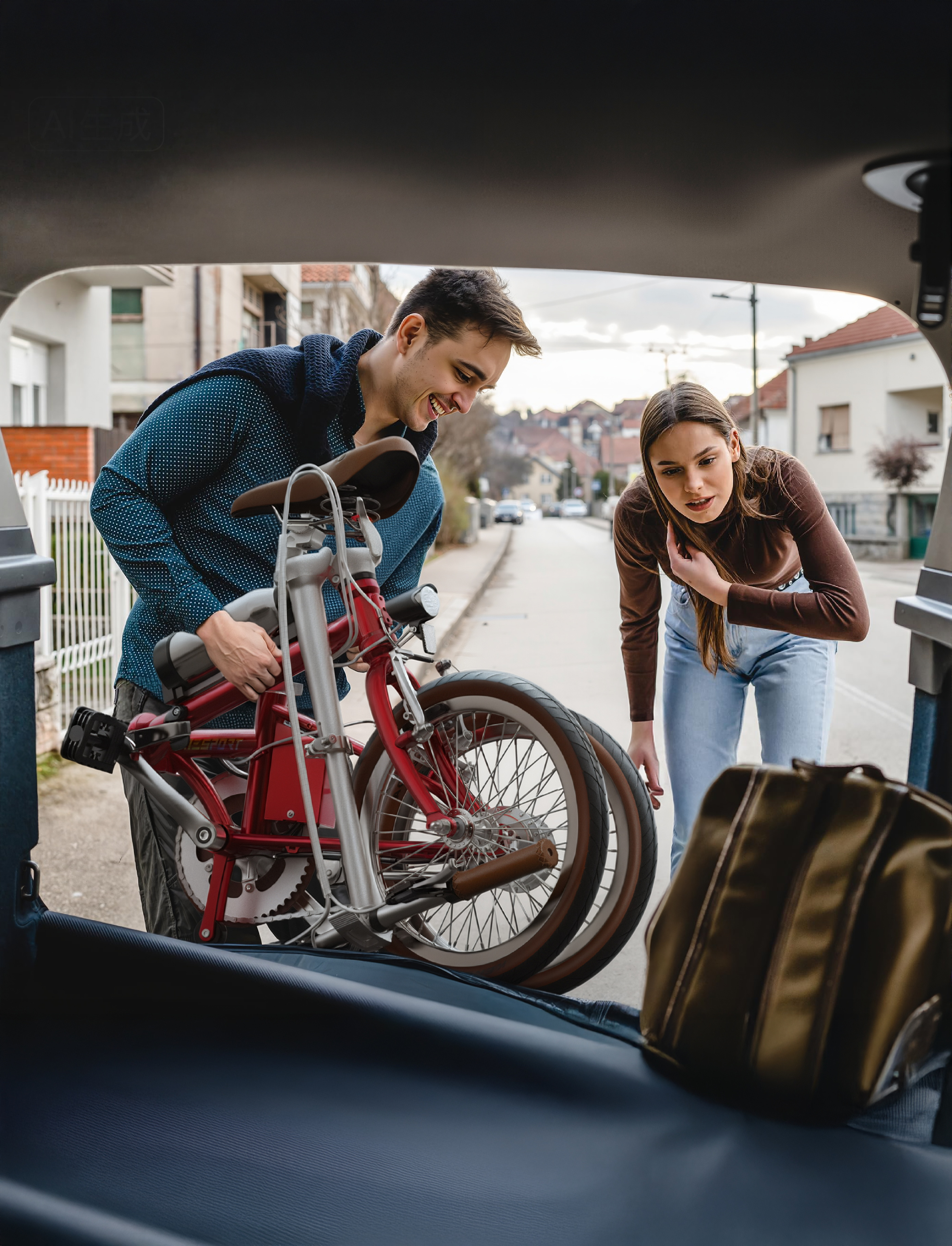 Ein Mann und eine Frau laden ein rotes Fahrrad in ein Auto.