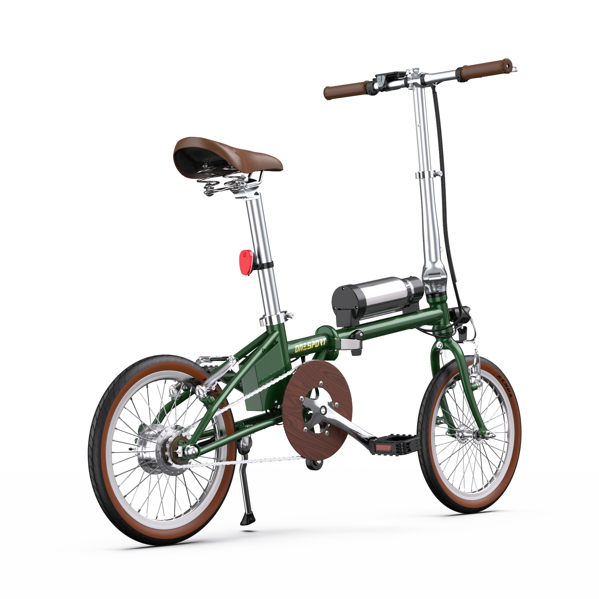 Ein grünes faltbares E-Bike mit braunem Sattel und braunen Griffen.