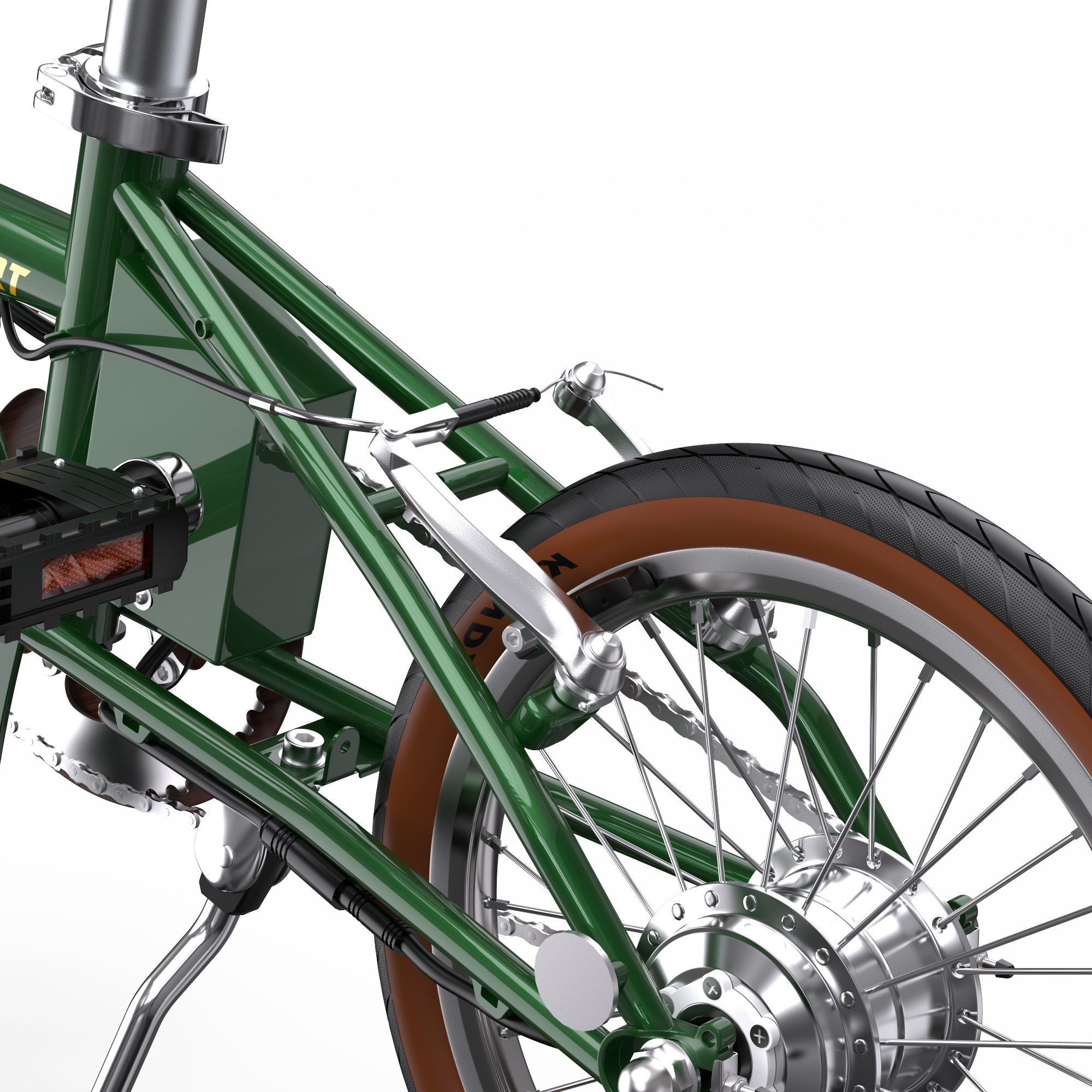 Nahaufnahme des Hinterrads, der Kette und der Pedalmontage eines grünen Fahrrads.