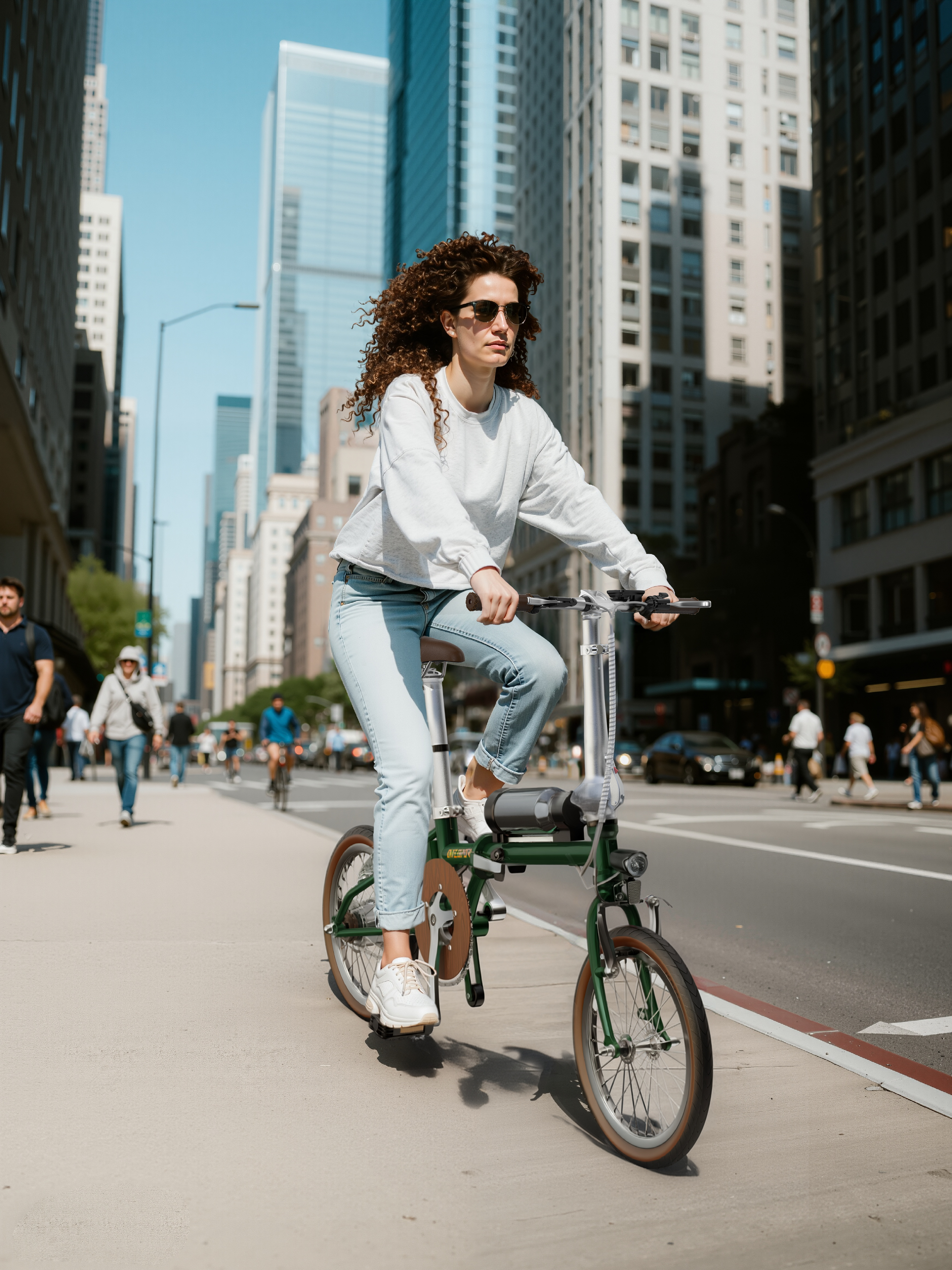 Frau fährt Fahrrad auf einem Bürgersteig in der Stadt mit hohen Gebäuden im Hintergrund.