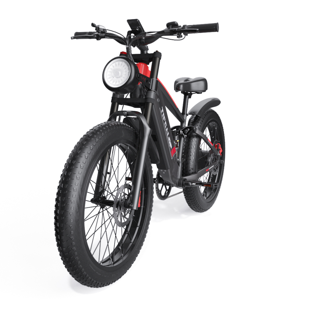 Schwarzes E-Bike mit roten Akzenten, dicken Reifen und rundem Scheinwerfer.
