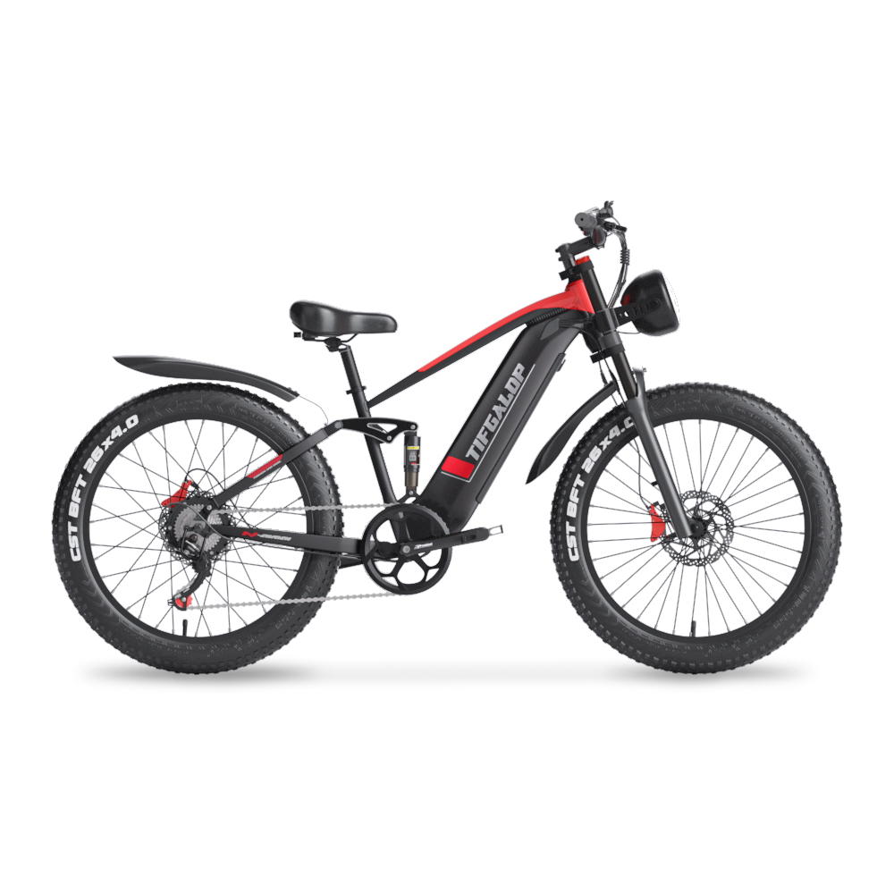 Schwarzes E-Bike mit roten Akzenten, fetten Reifen und Federung.