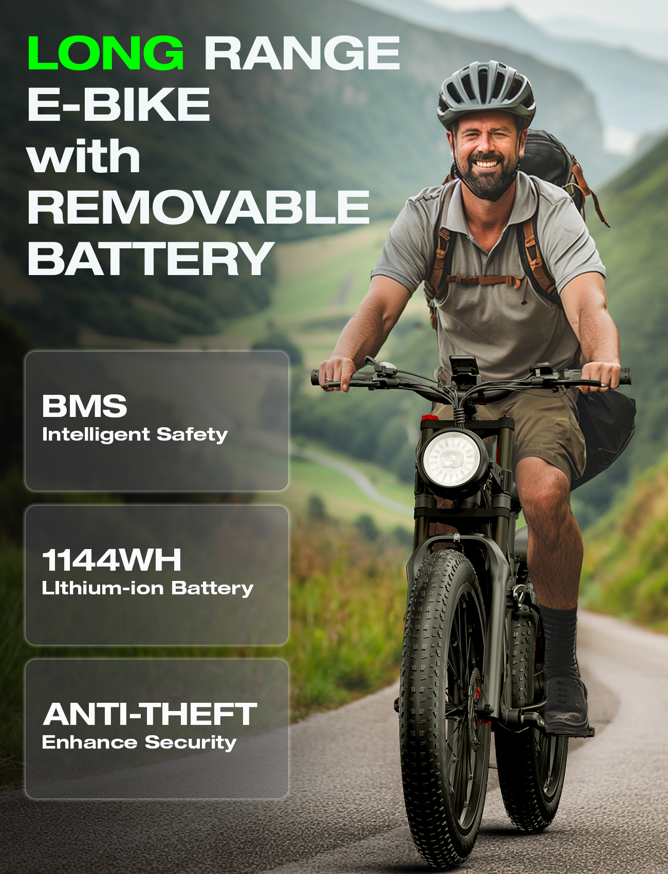 Mann auf E-Bike mit abnehmbarer Batterie fährt auf Straße im Grünen.