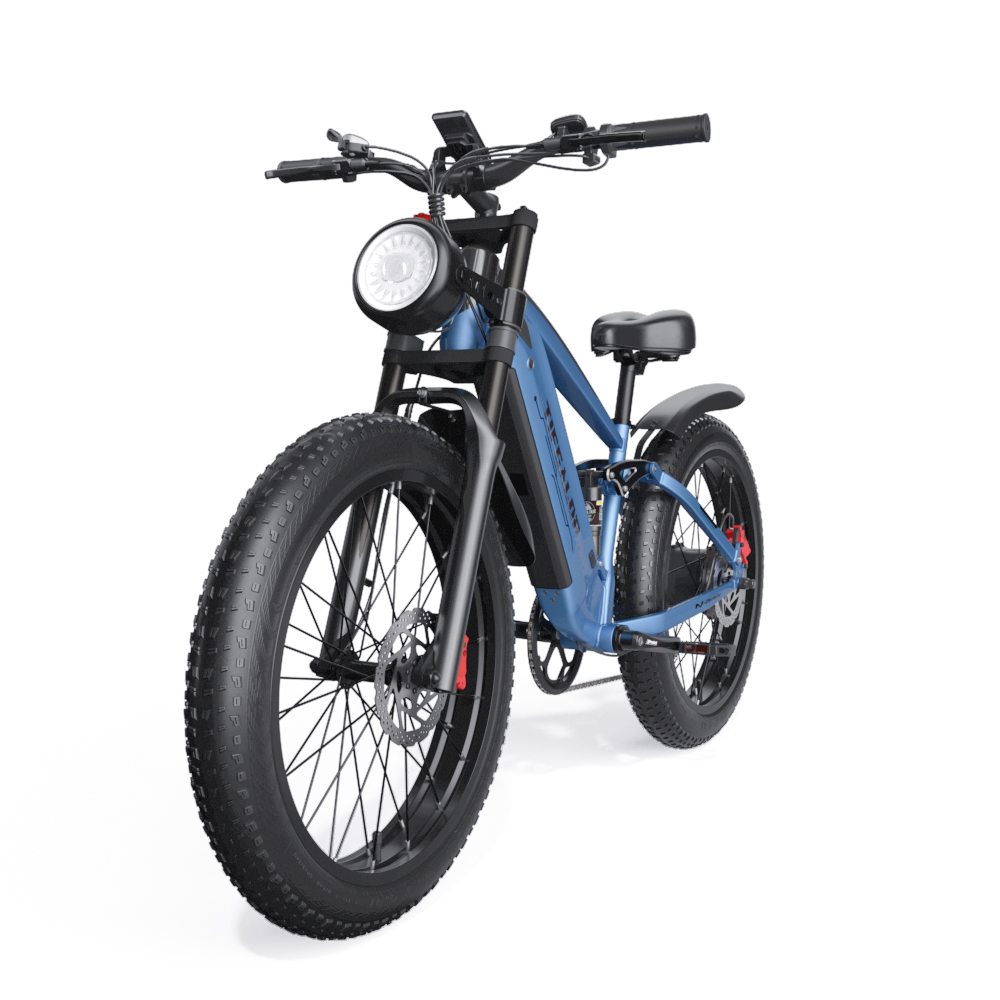 Ein blaues Fatbike-Elektrofahrrad mit breiten Reifen und einem runden Scheinwerfer.