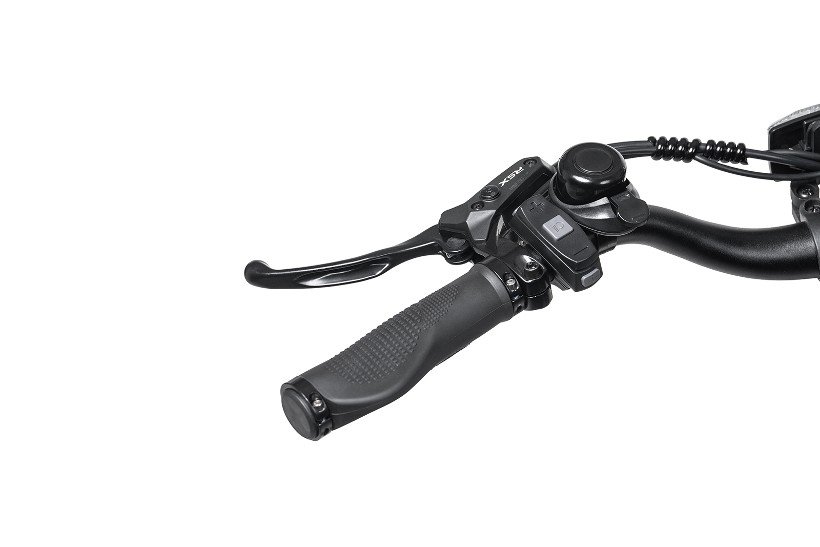 Nahaufnahme des Lenkers eines Fahrrads mit Griff, Bremshebel und Klingel.
