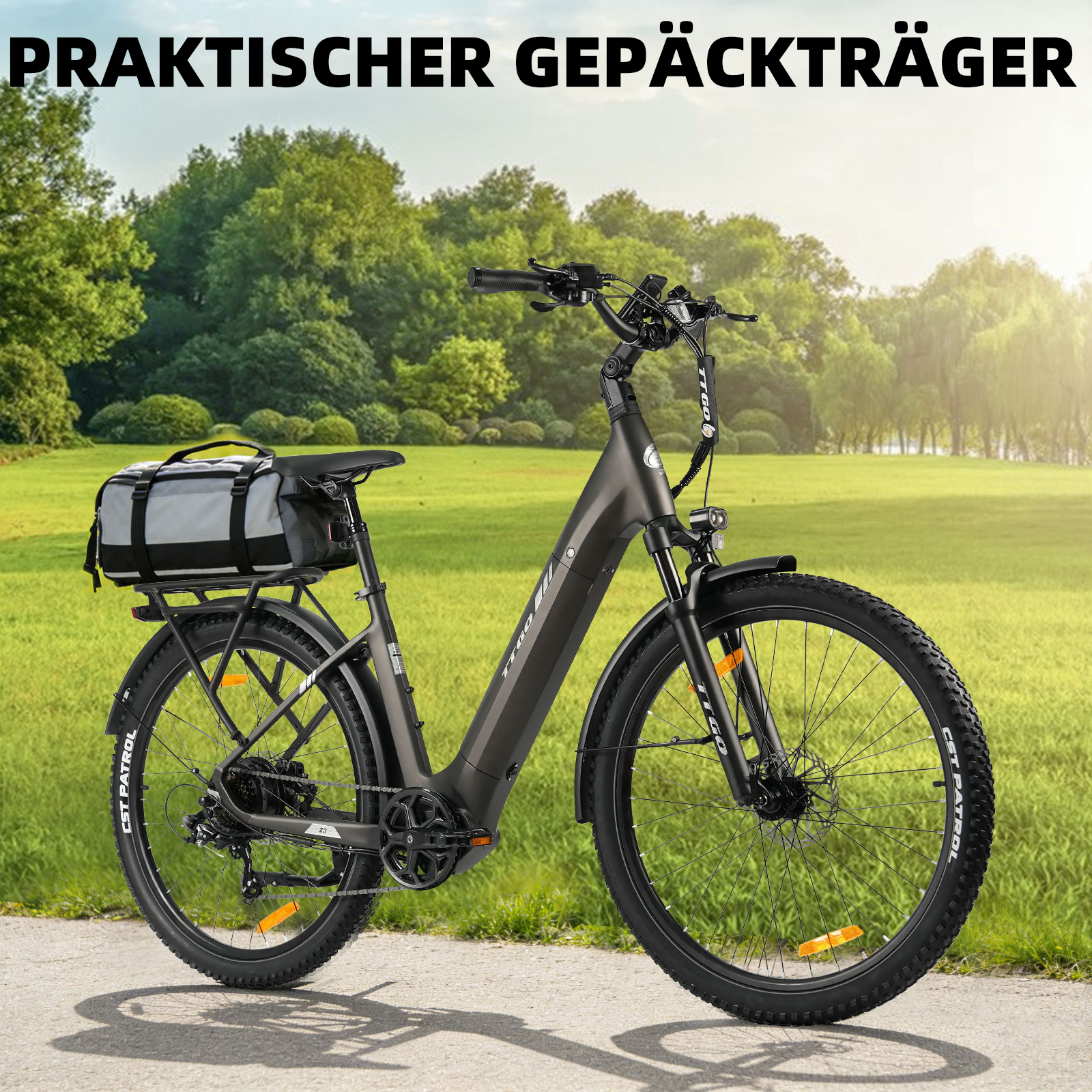 Ein schwarzes E-Bike mit Gepäcktasche steht auf einem Weg im Grünen.