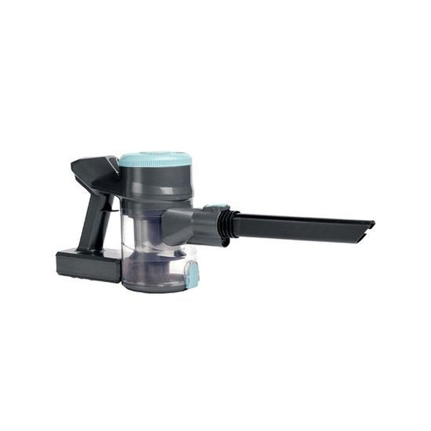 A cordless handheld vacuum cleaner in gray and blue with a transparent dustbin.