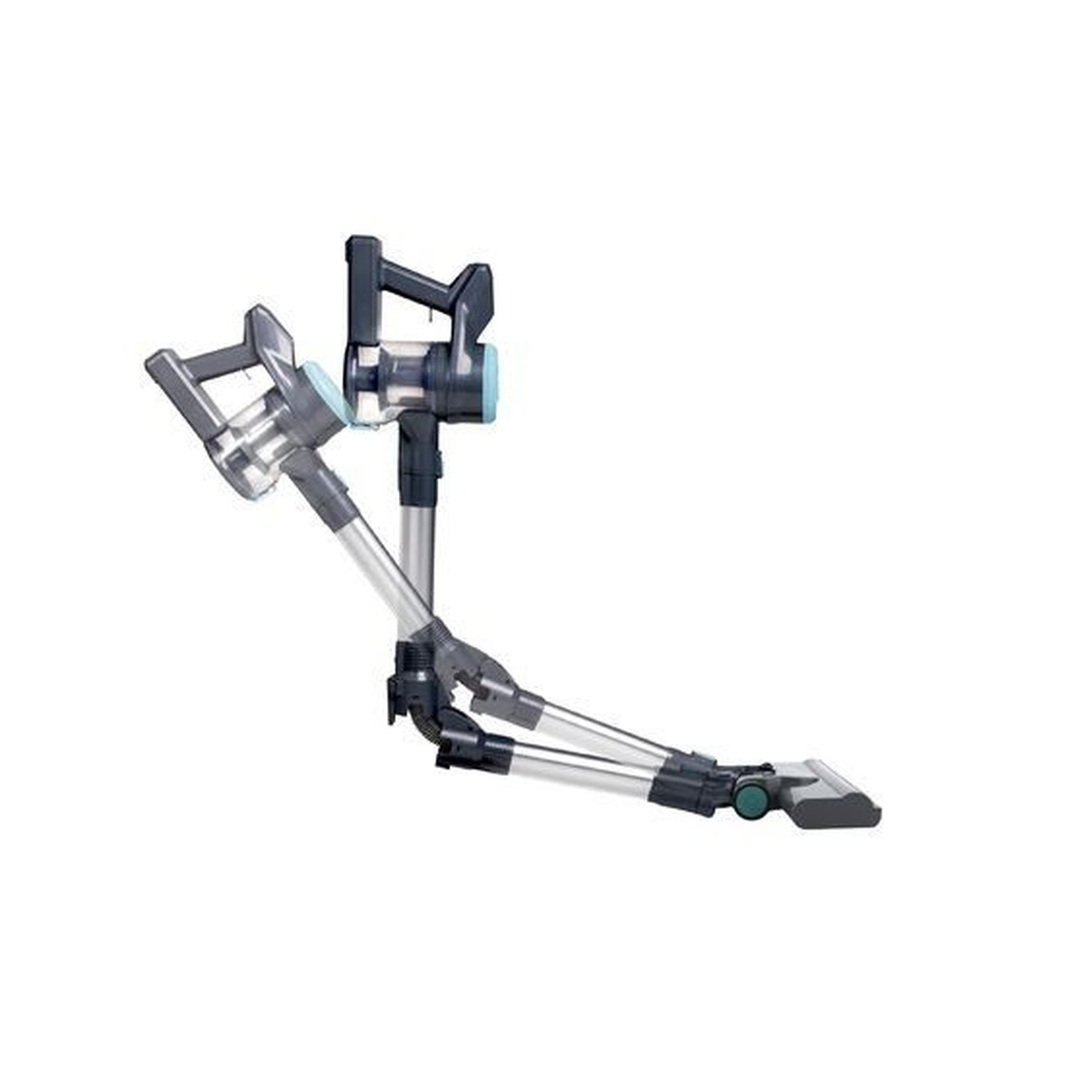 A gray and blue cordless vacuum cleaner against a white background.