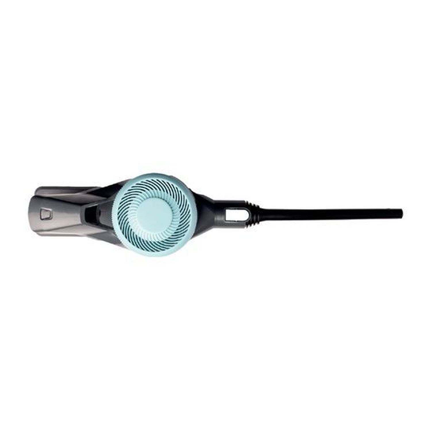 A black handheld vacuum with a blue fan and slim handle, viewed from above.