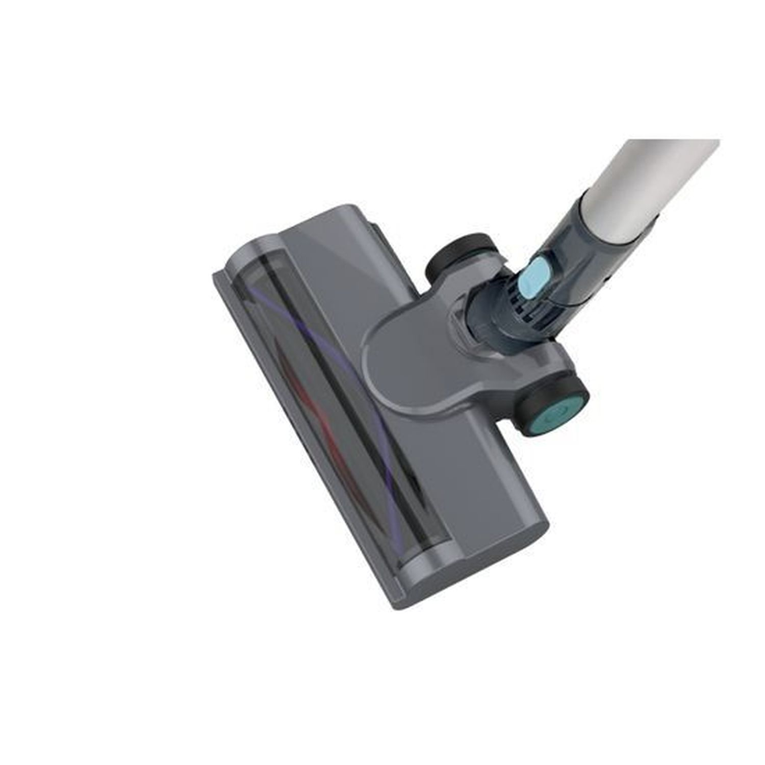 Gray vacuum cleaner head with blue button and silver tube.