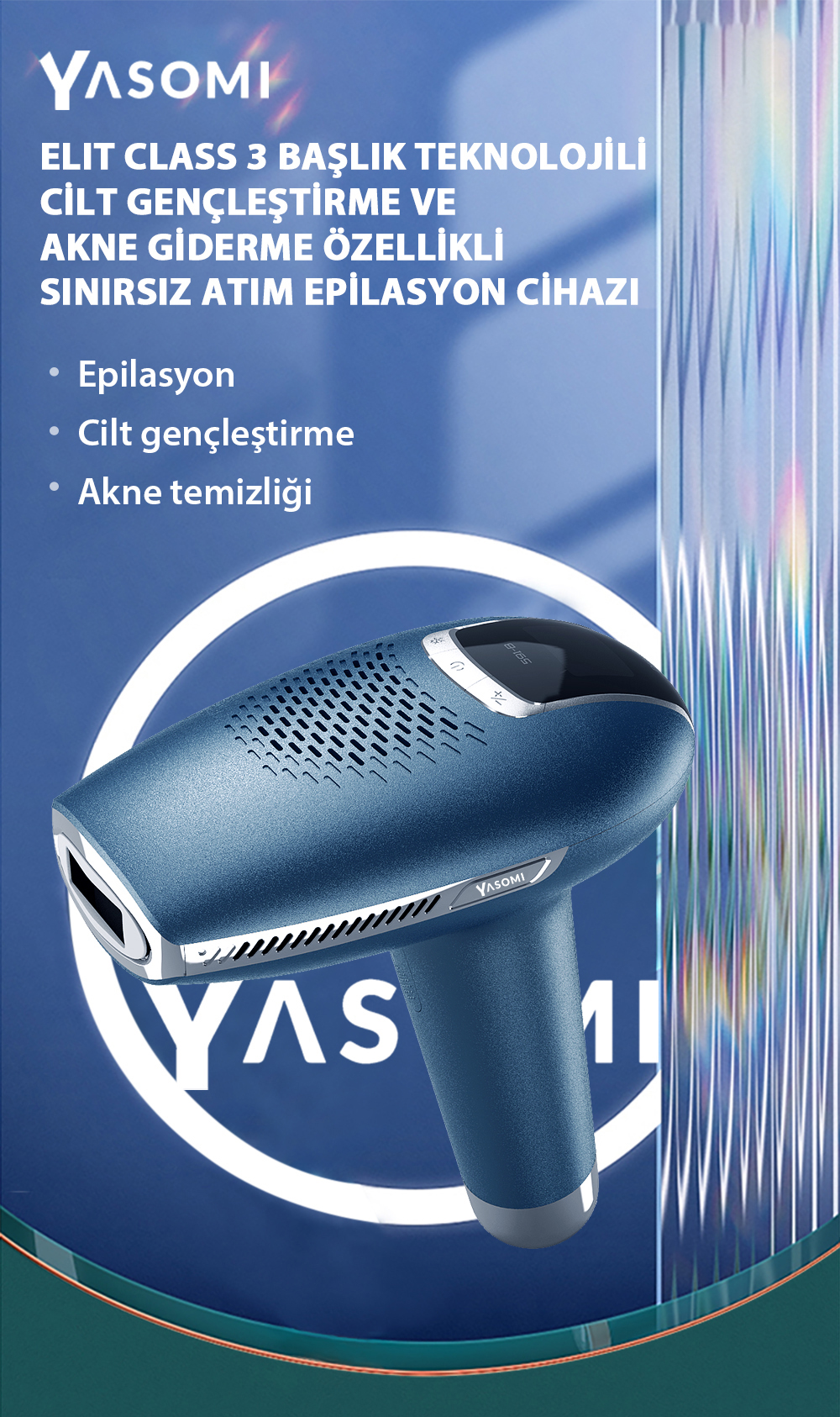 Cilt gençleştirme ve akne giderme özellikli mavi YASOMI epilasyon cihazı.