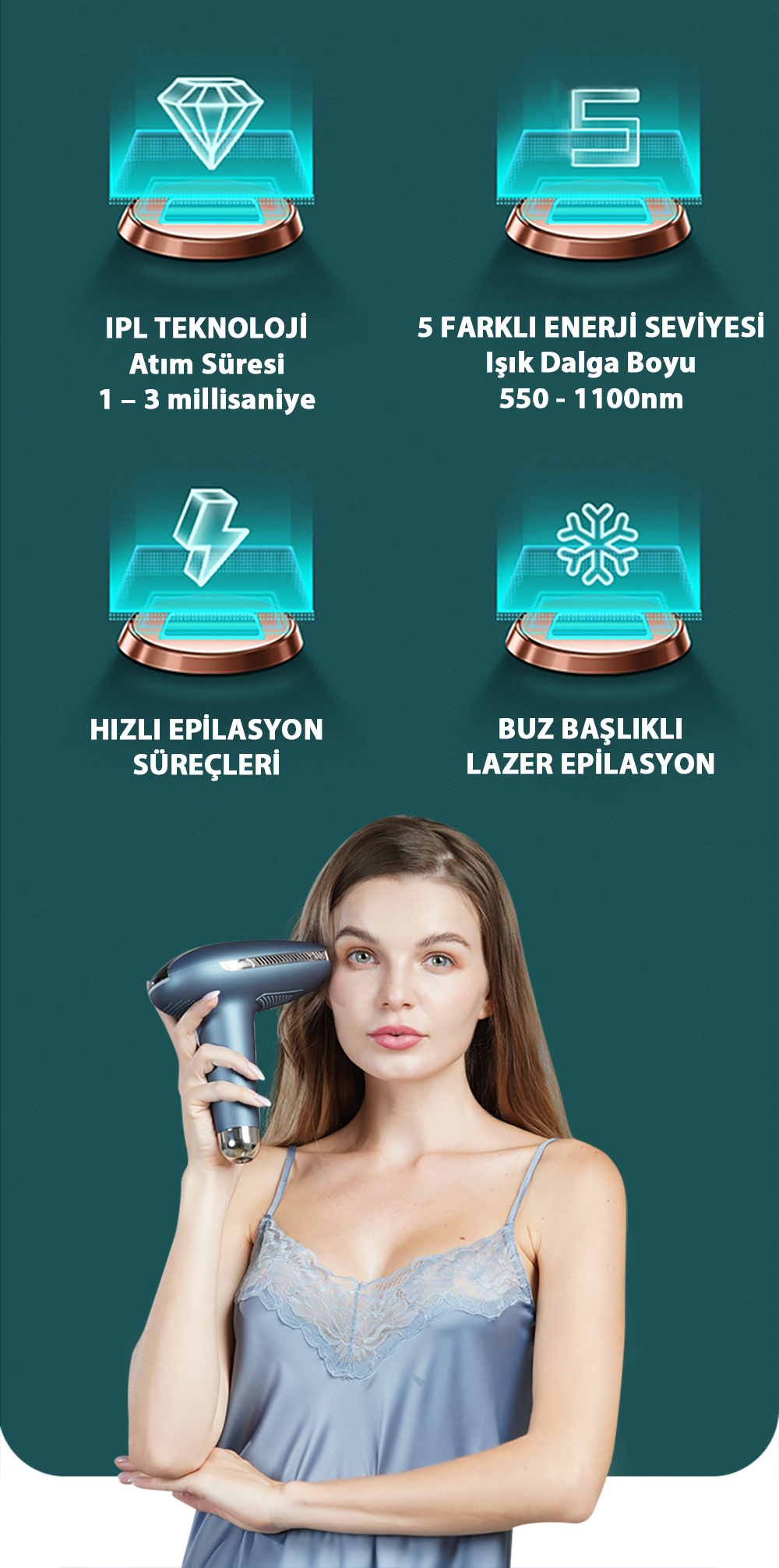 Kadın epilasyon cihazı ile: IPL, 5 enerji seviyesi, hızlı süreçler, buz başlık.