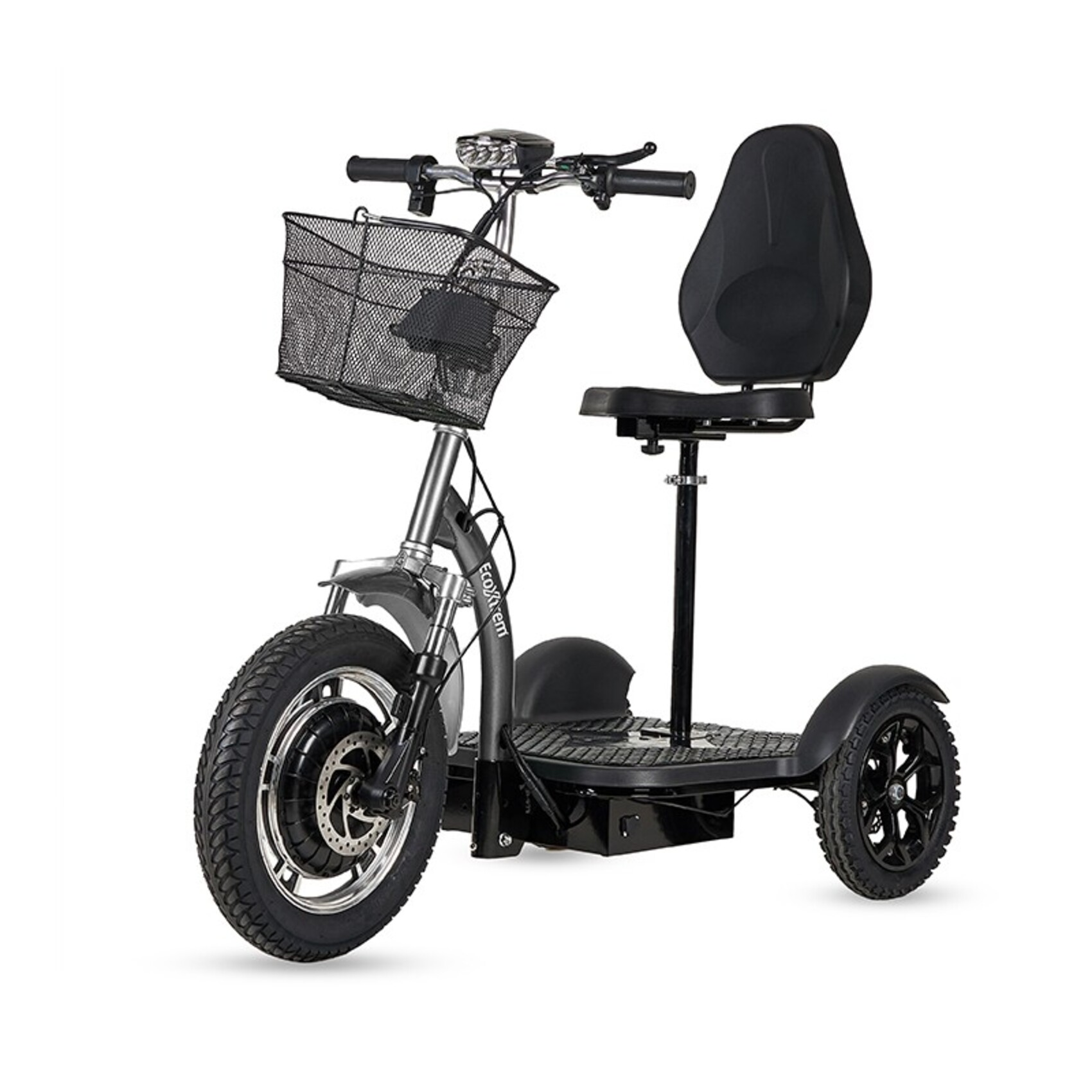Un scooter negro de tres ruedas con cesta, asiento y luz LED.