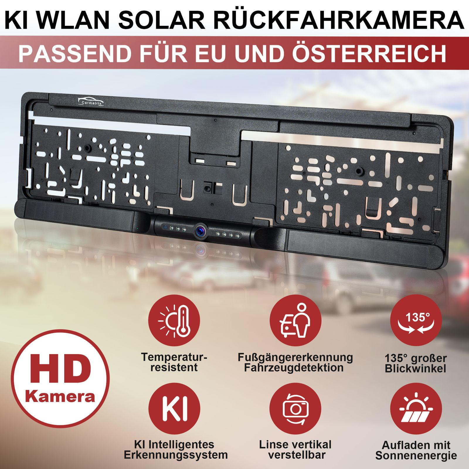 KI Kennzeichenhalterung mit Kamera, Temperatur-resistent, Fußgängererkennung.