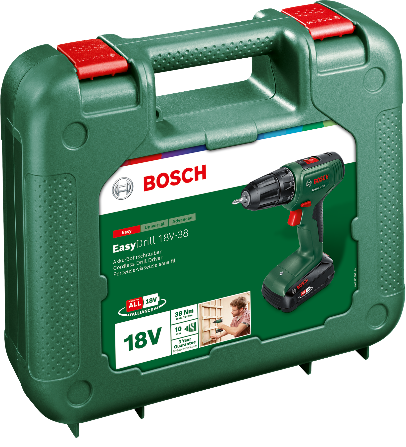 Grüner Bosch-Koffer mit Bohrschrauber, Akku und Anleitung.