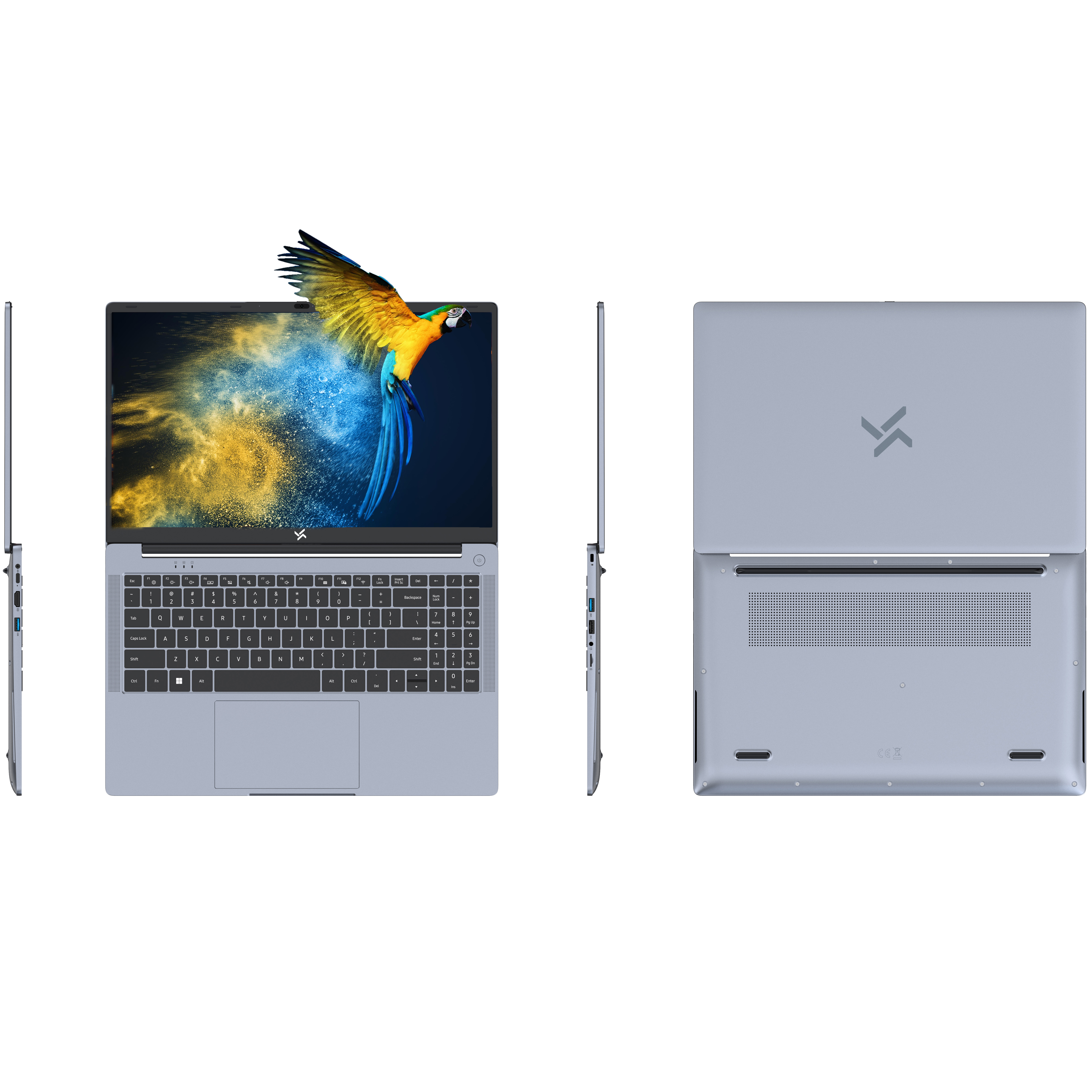 Een lichtblauwe laptop wordt van voren, zijkant en achterkant getoond.
