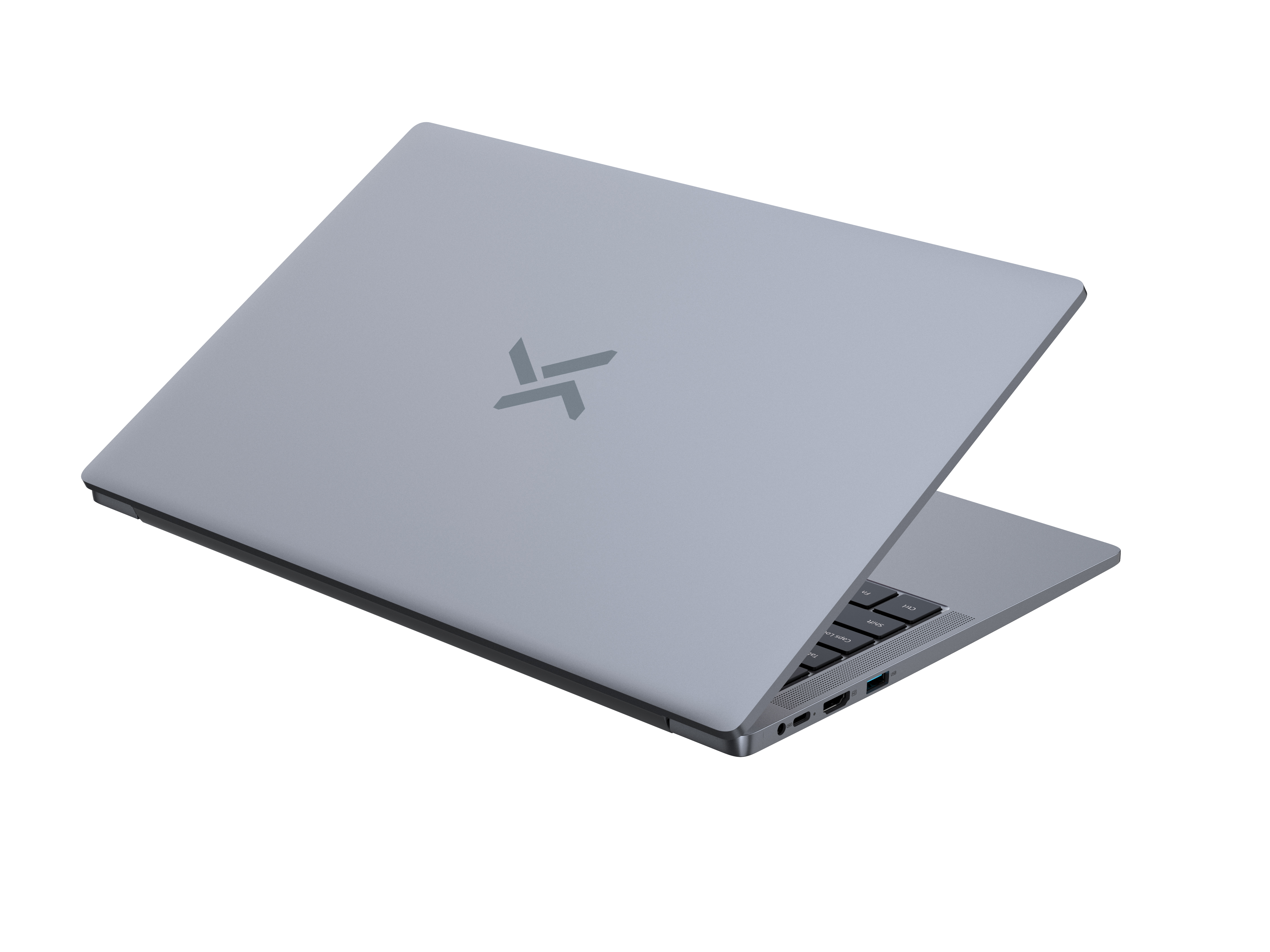 Een gesloten, grijze laptop met een gestileerd logo op de klep.