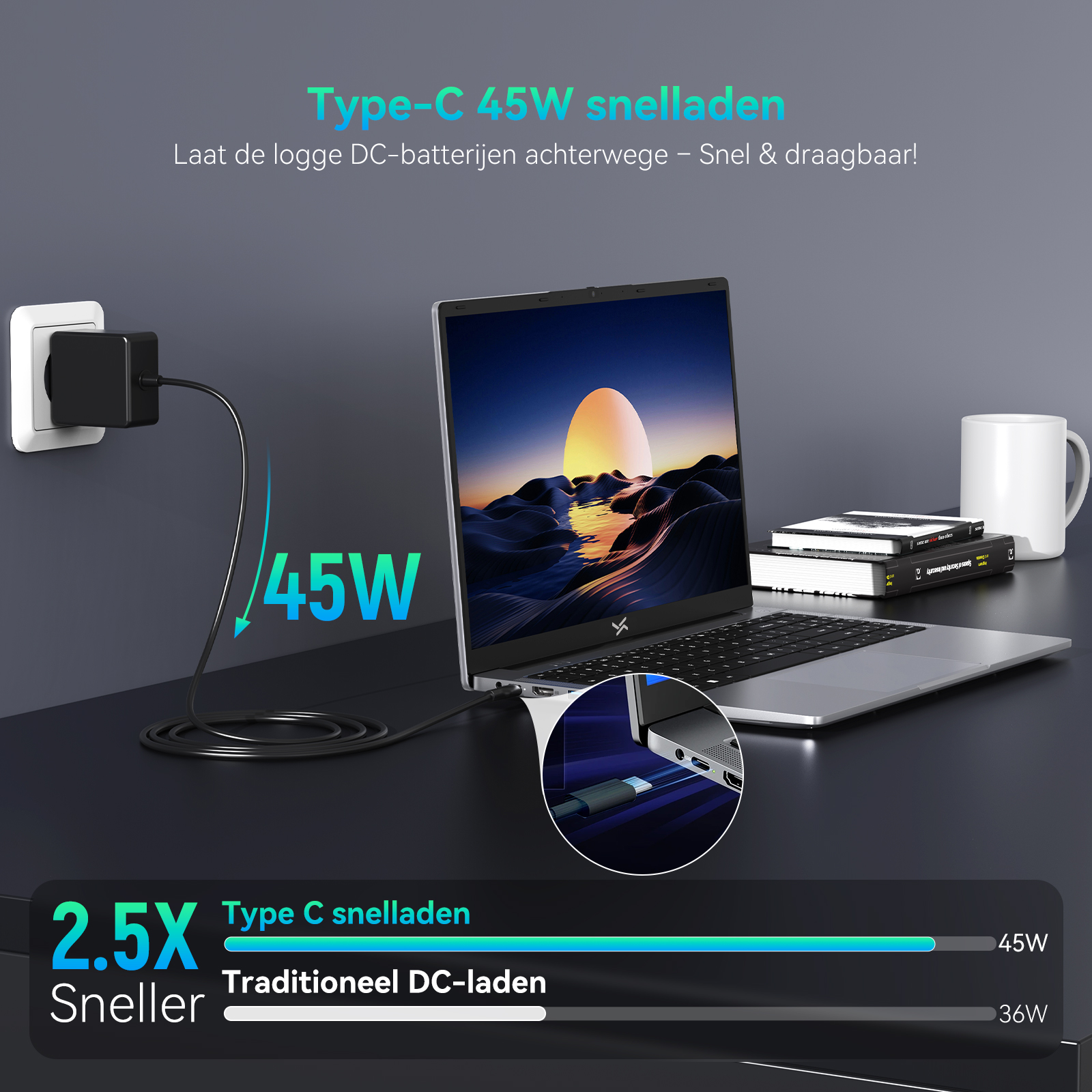 Een laptop laadt op via een zwarte USB-C kabel aangesloten op een 45W adapter.