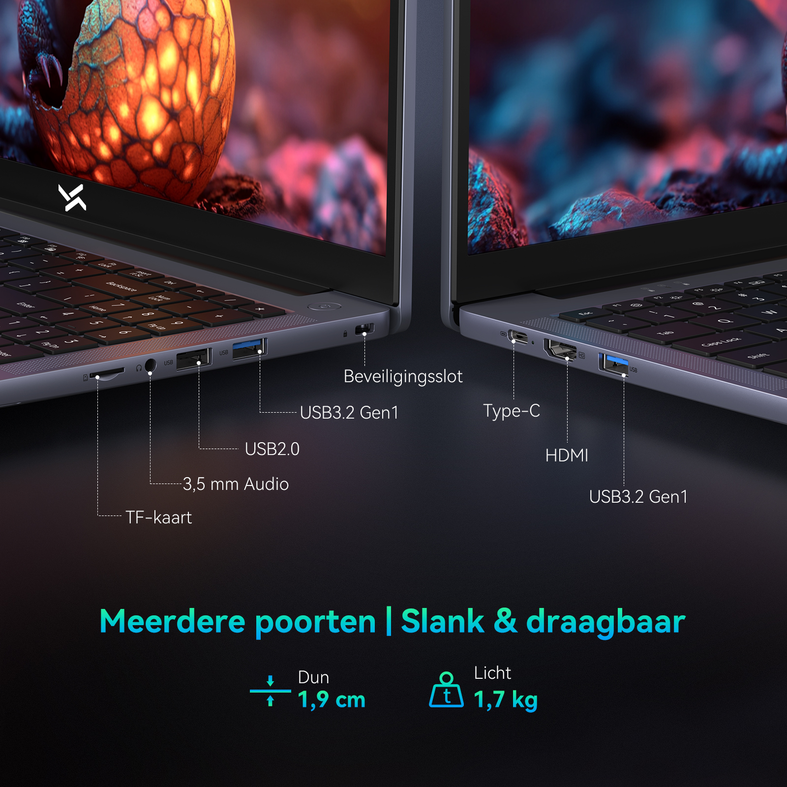 Laptops met poorten: USB 3.2 Gen1, USB 2.0, 3,5mm Audio, TF-kaart, Type-C, HDMI.