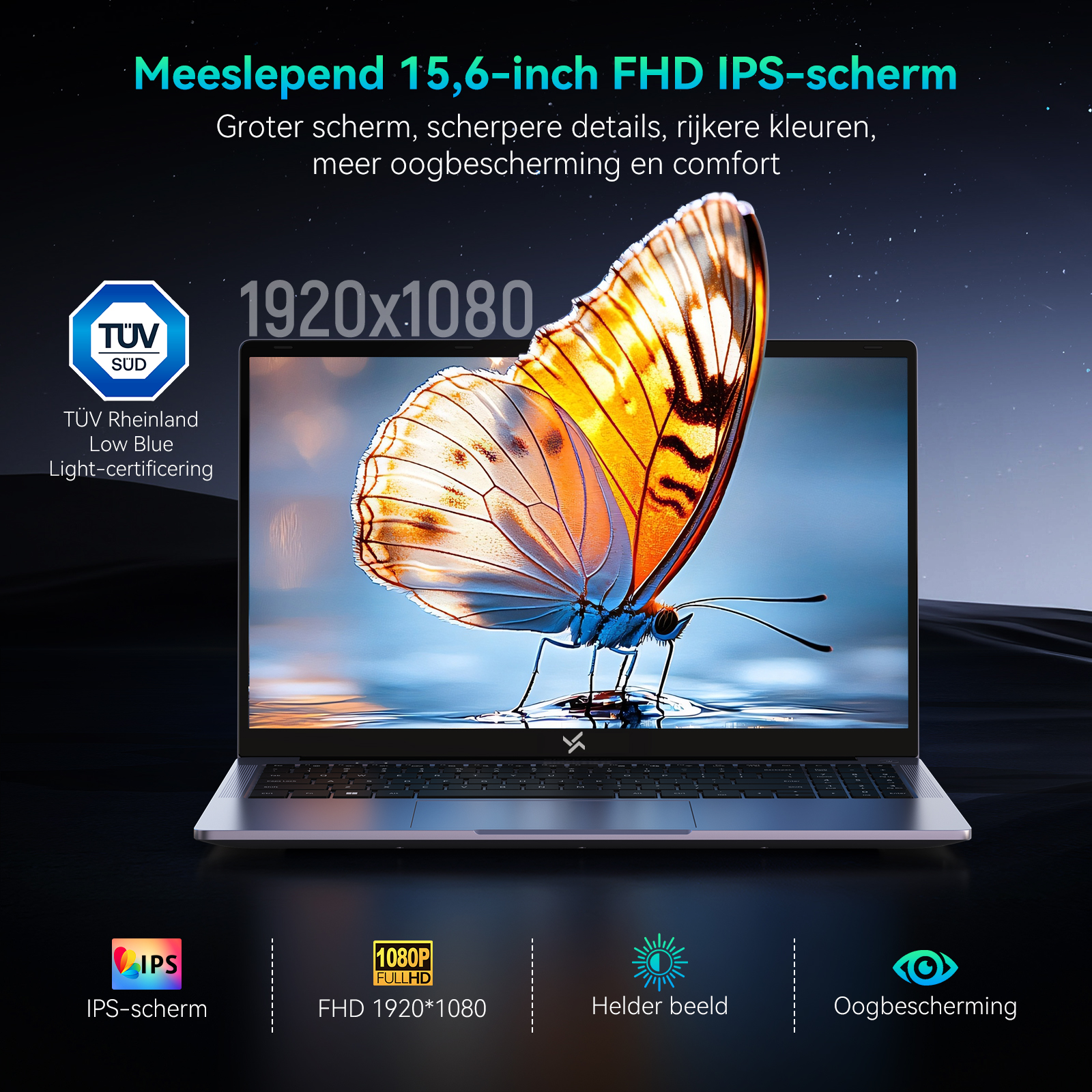 Een laptop met 15,6-inch FHD IPS-scherm met een vlinder.