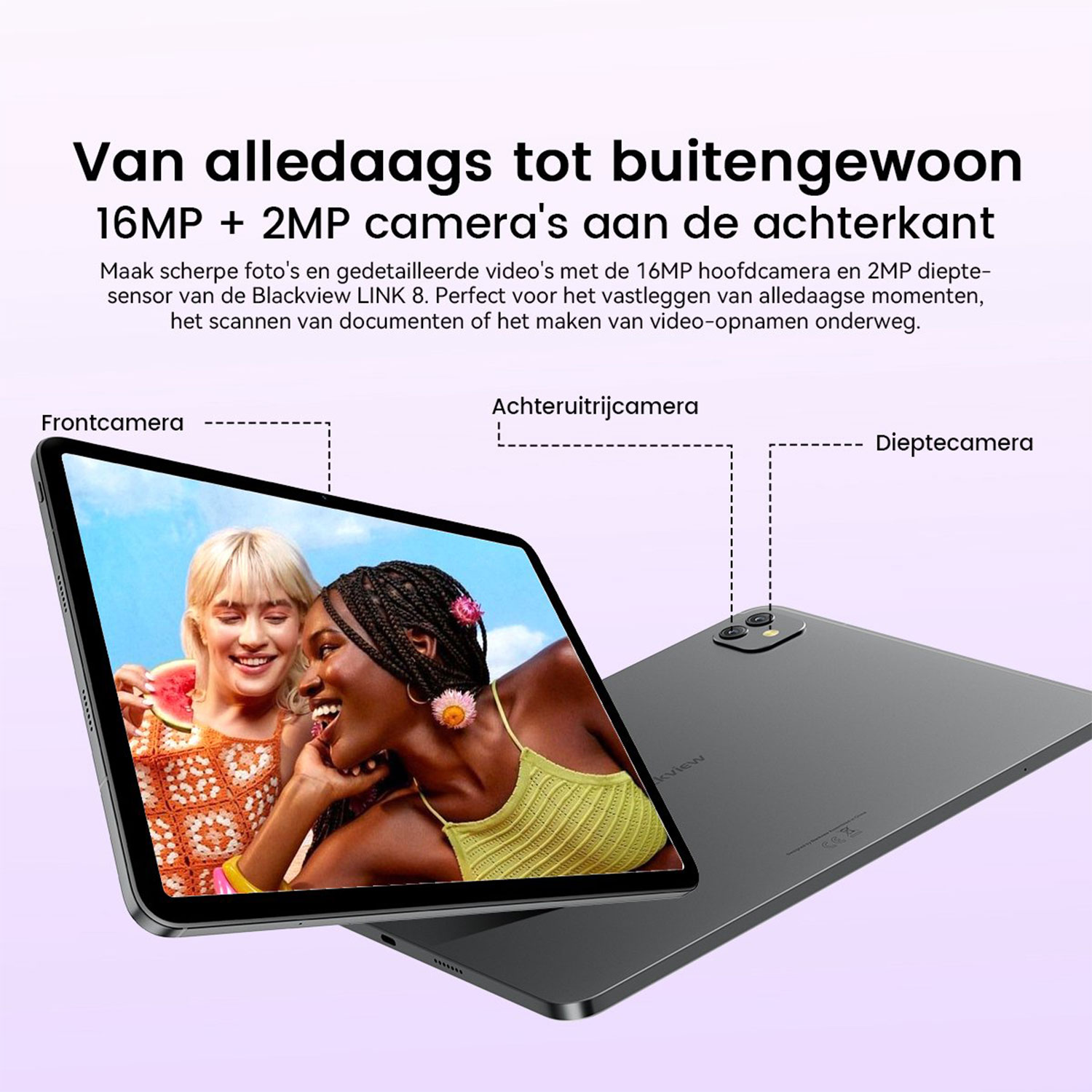 Tablet toont twee lachende vrouwen; achterkant met camera's.