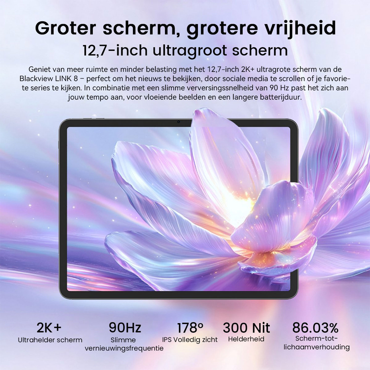 Een tablet met een groot 12,7-inch scherm met een close-up van een paarse bloem.