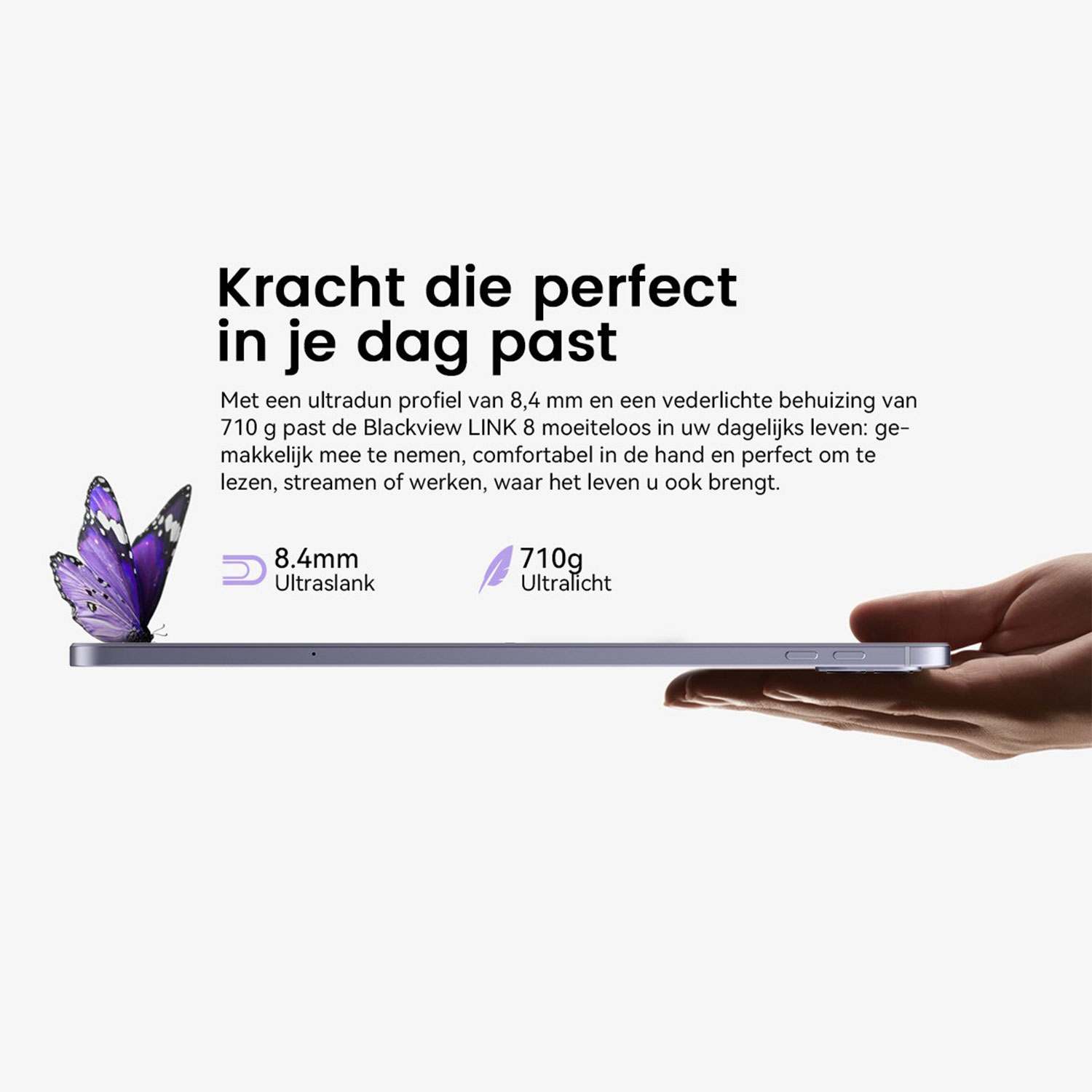 Een paars vlindericoon naast een dunne tablet die door een hand wordt vastgehouden.