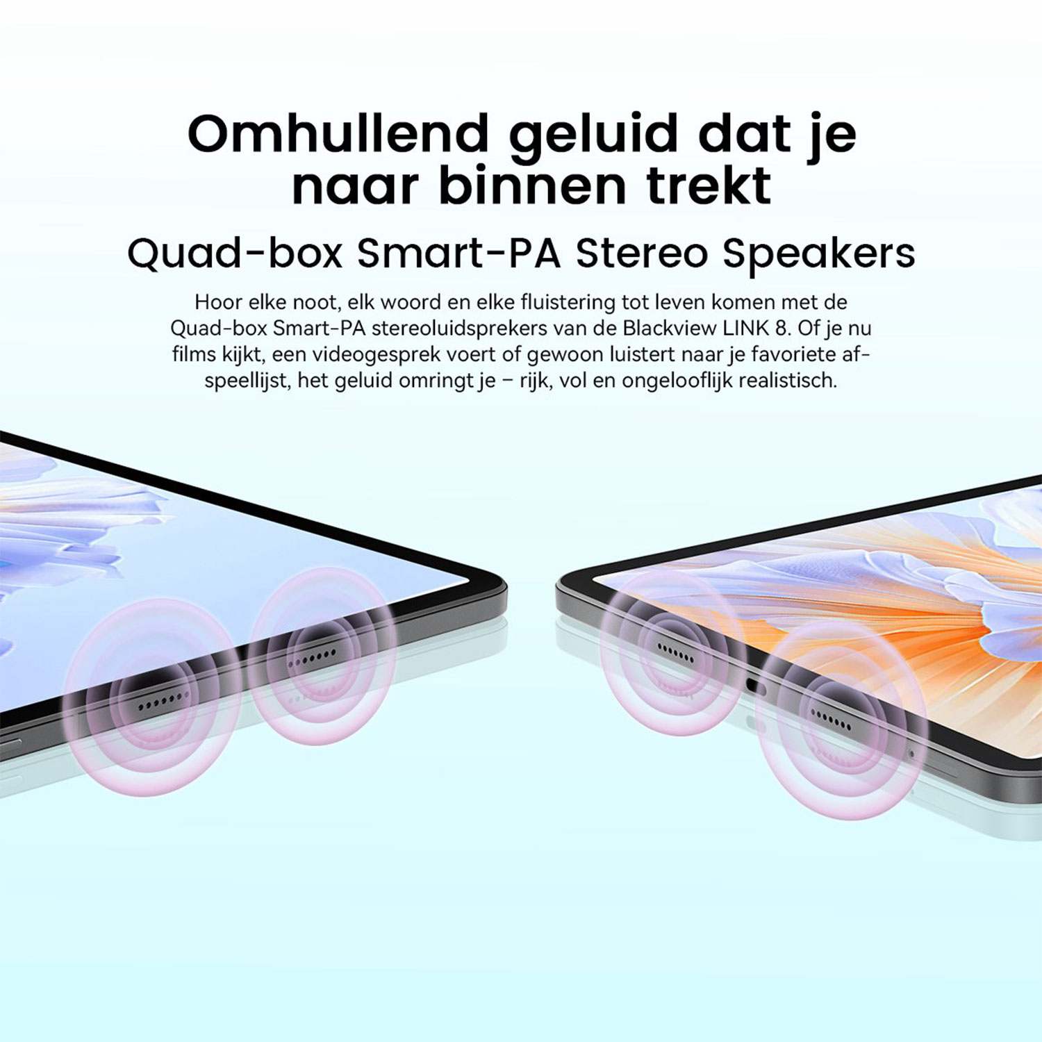 Twee tablets met gestileerde geluidsgolven die uit hun luidsprekers komen.