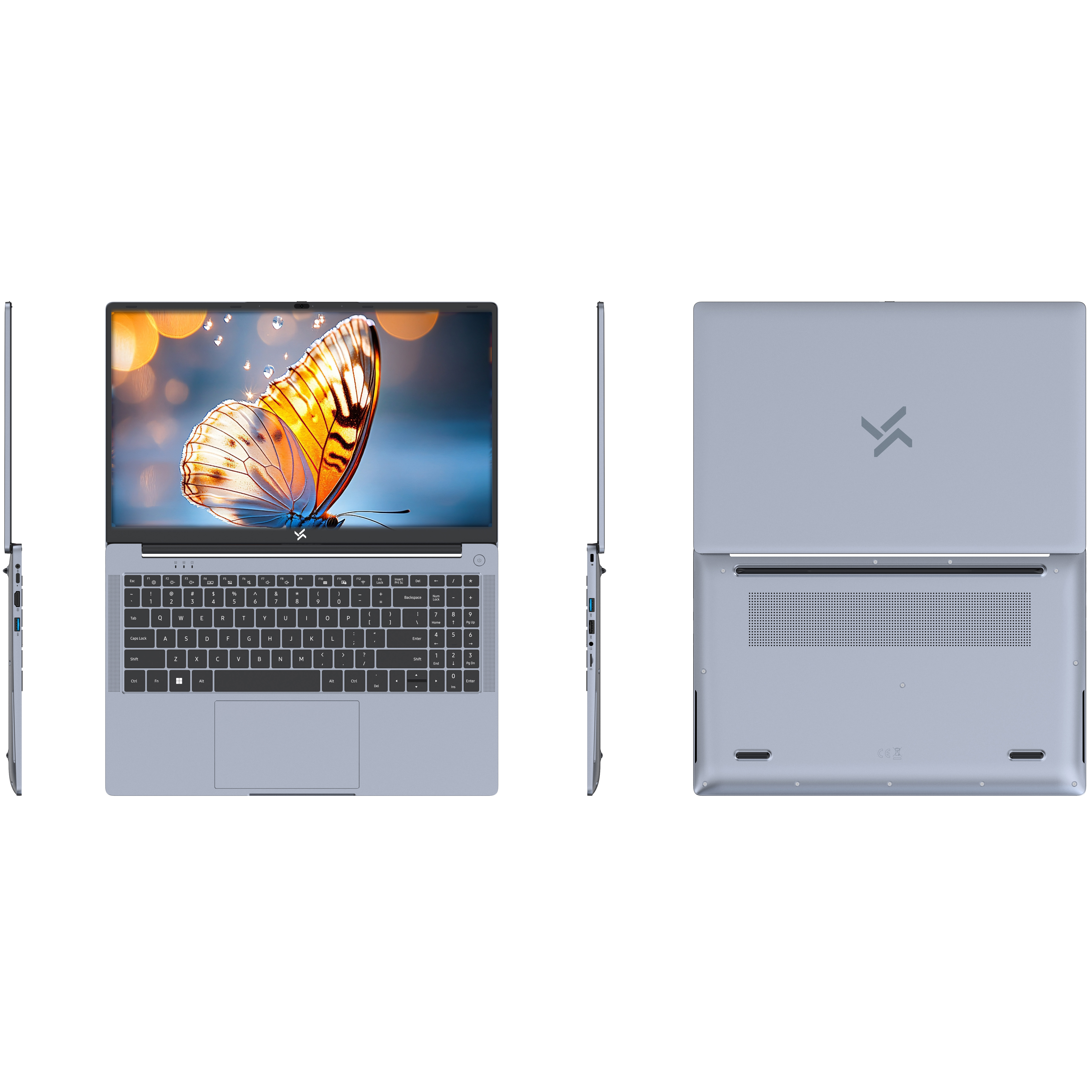 Een lichtblauwe laptop met vlinderachtergrond en zij-aanzichten.