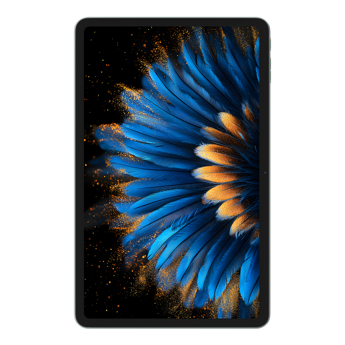 Een tablet met een donkere achtergrond met blauwe en gouden veren.