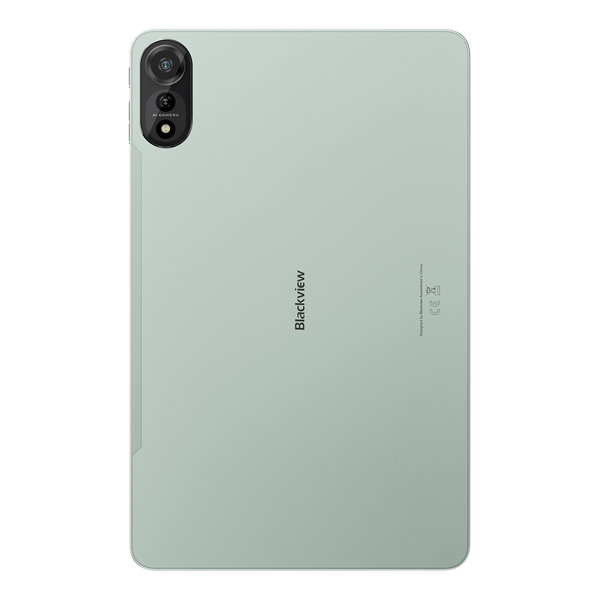 Achterkant van een lichtgroene tablet met twee camera's en het Blackview-logo.