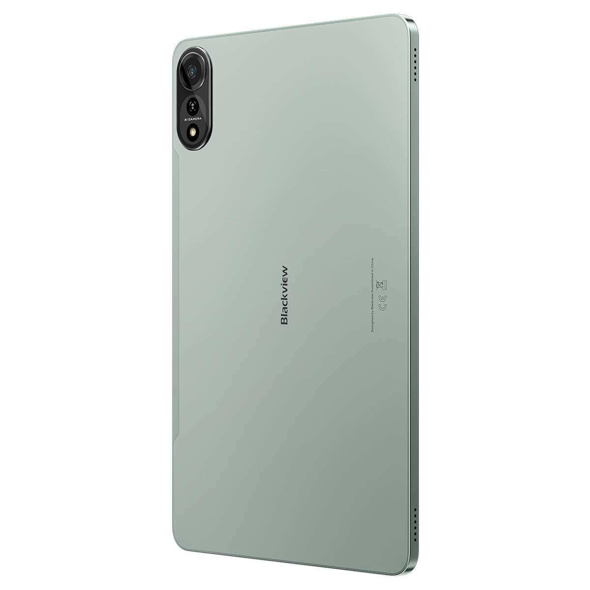 Achterkant van een lichtgroene tablet met cameramodule en 'Blackview'-logo.