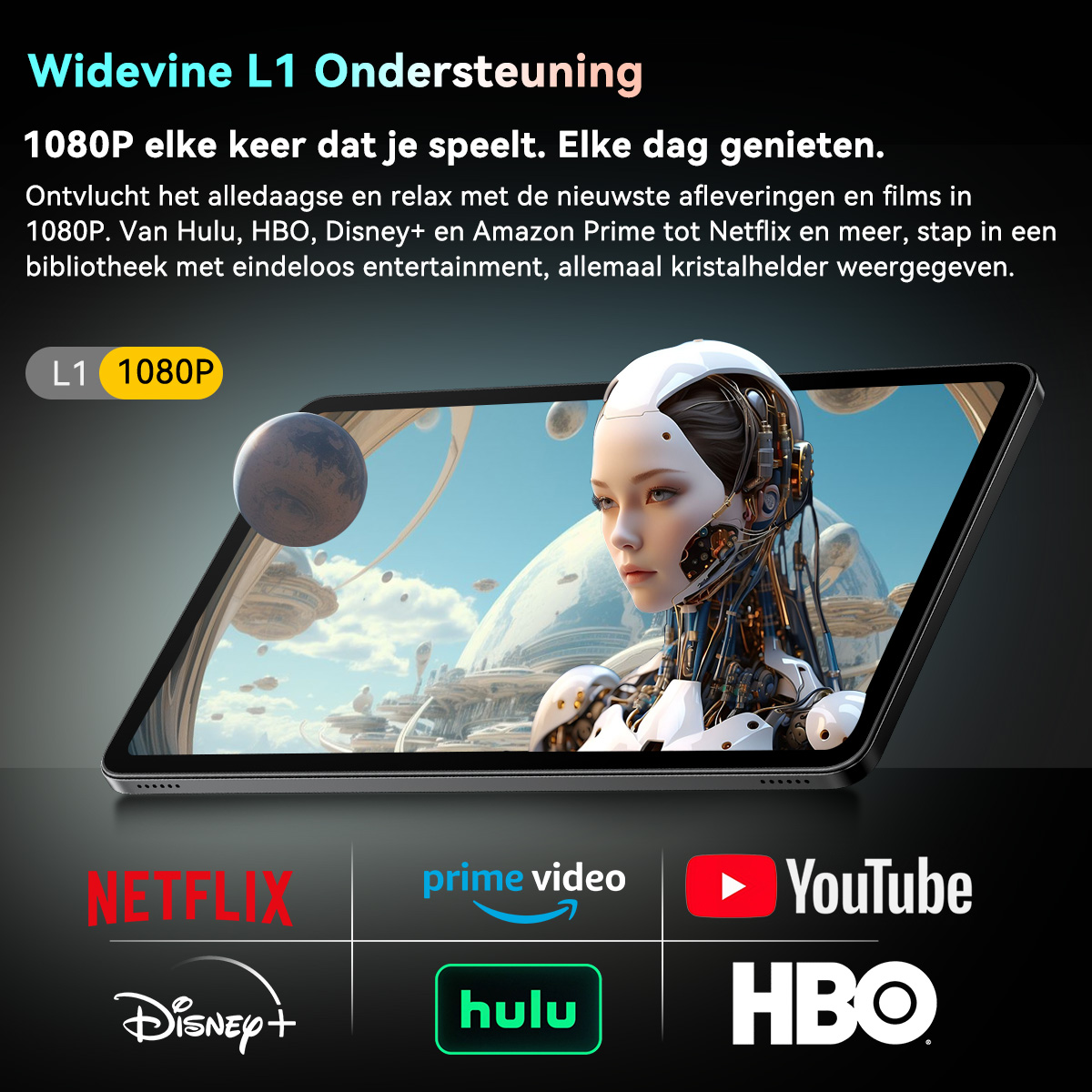 Tablet toont een vrouwelijke androïde tegen futuristische achtergrond. Logo's onderaan.