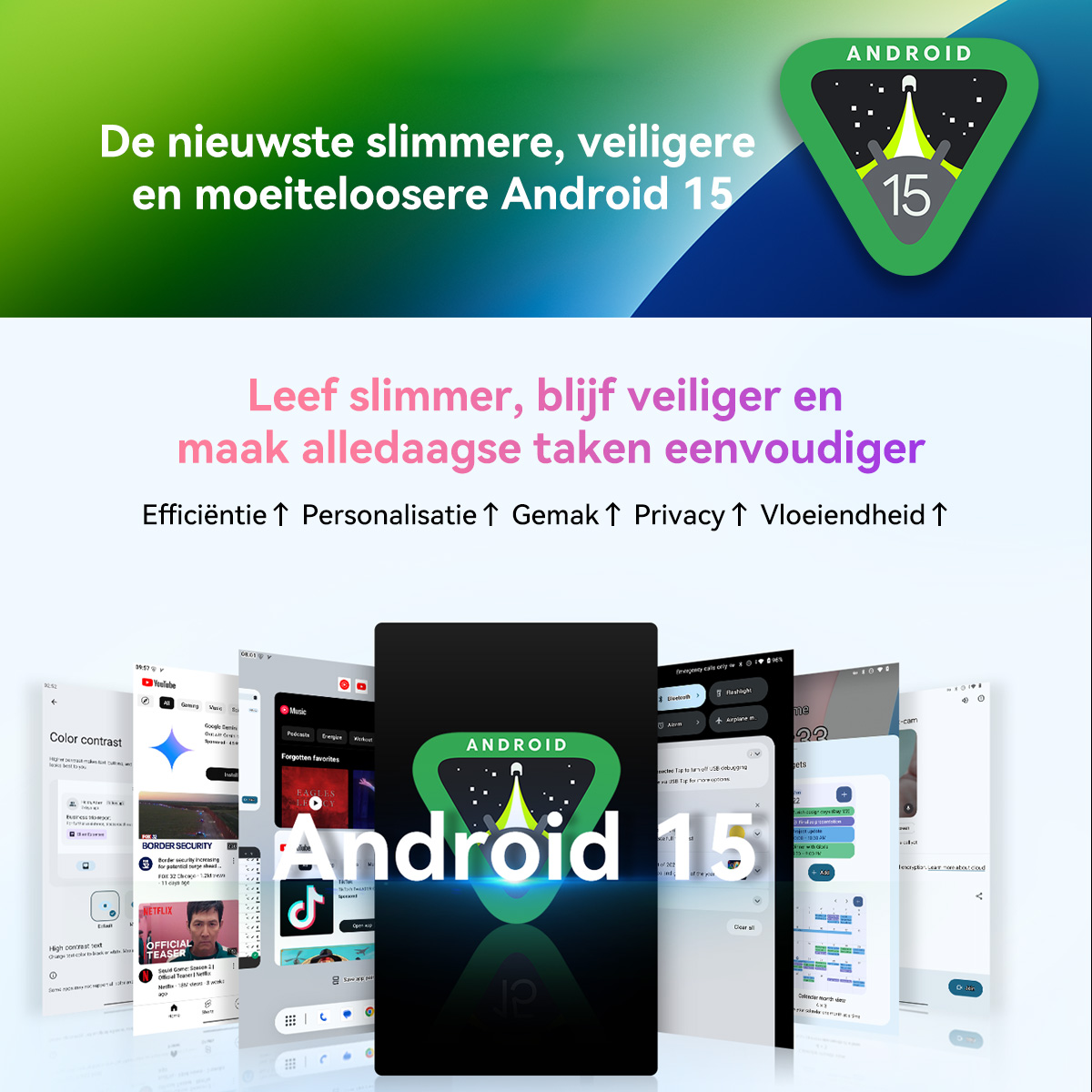 Android 15 logo met diverse apps op telefoons. Tekst in het Nederlands.