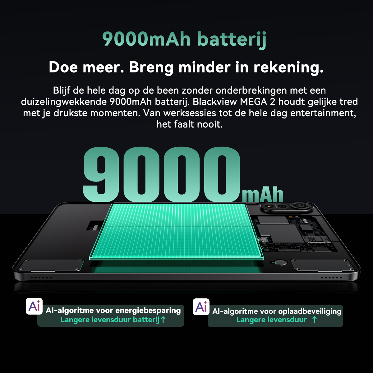 Een smartphone met 9000mAh batterij, uitgelicht door een grote weergave.