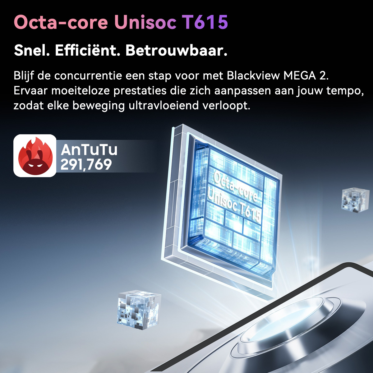 3D-weergave van een Octa-core Unisoc T615 chip met AnTuTu-score.