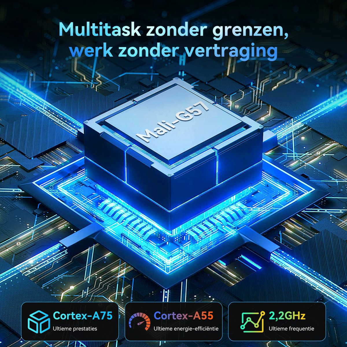 Een blauwe chip met Mali-G57-logo op een printplaat, met tekst over prestaties.