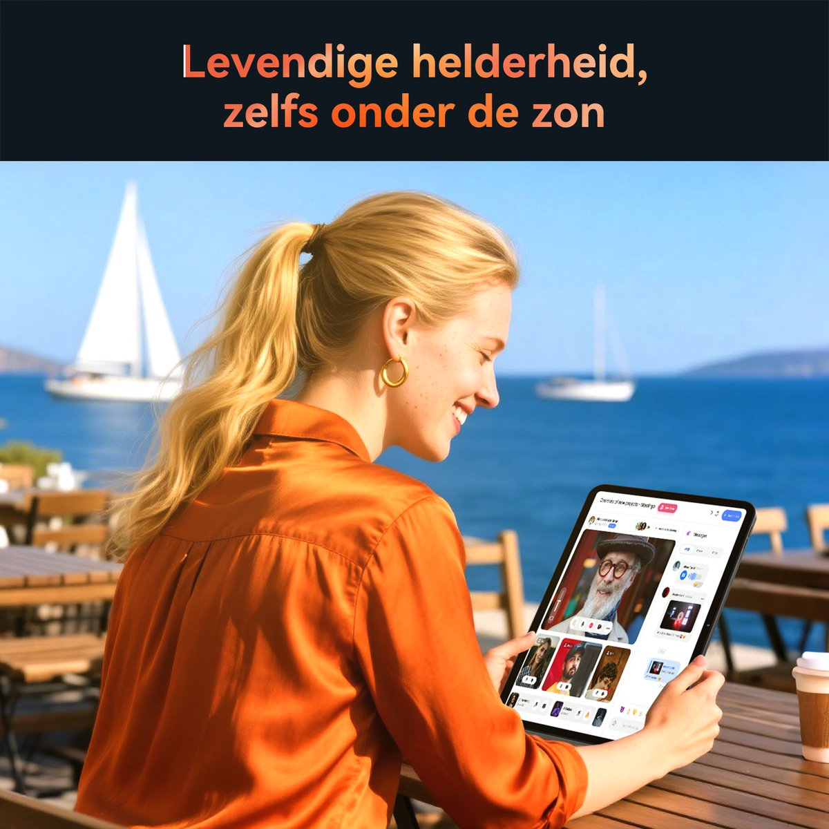 Vrouw met blonde paardenstaart en oranje shirt houdt tablet vast met foto's; zeilboten op achtergrond.