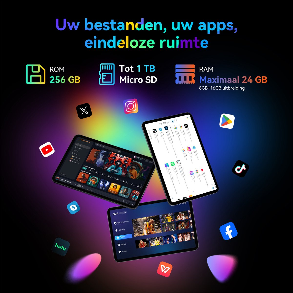 Drie tablets met apps en specificaties: 256 GB ROM, 1 TB Micro SD, 24 GB RAM.