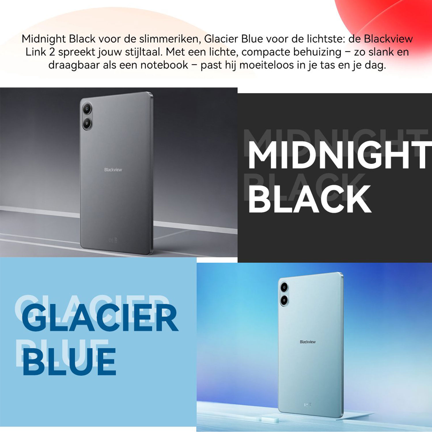 Een grijze en een blauwe tablet worden getoond, met tekst over kleuren.