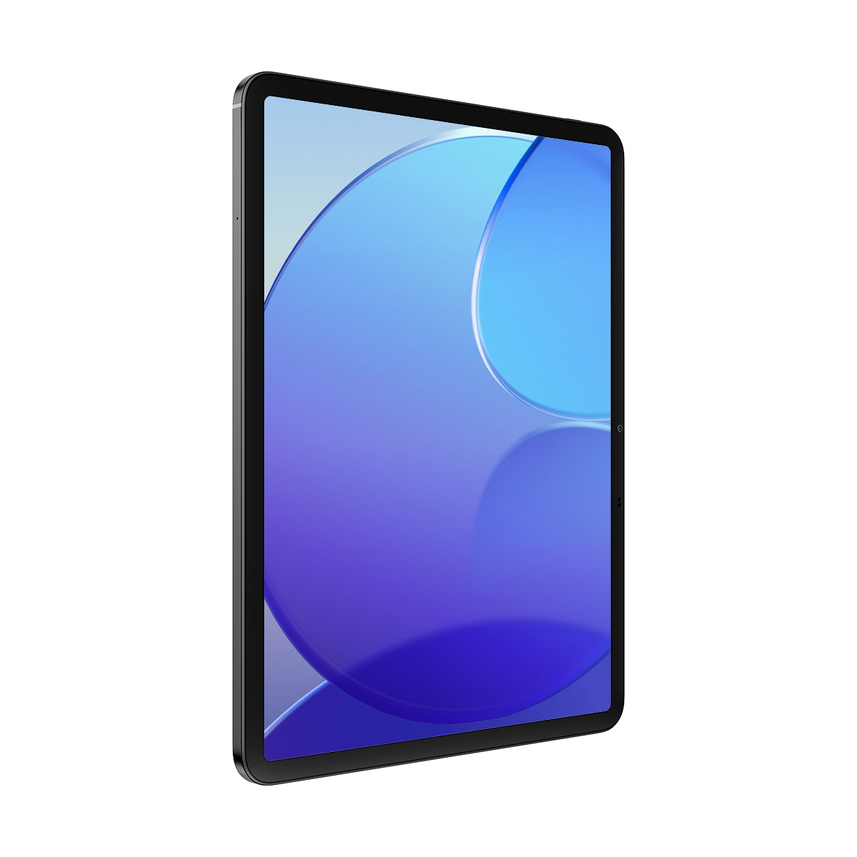 Een moderne tablet met een donker frame en een blauw en paars behang.