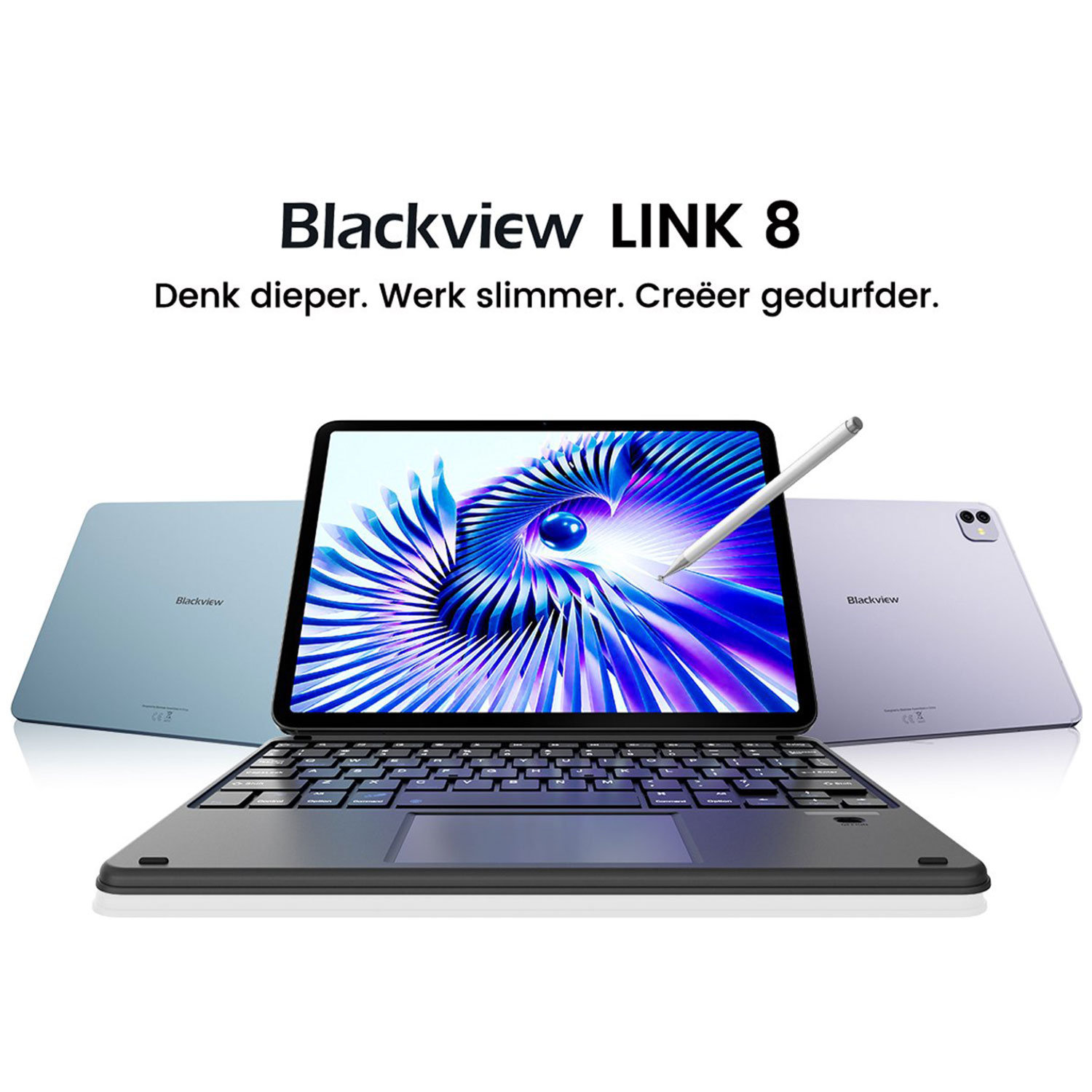Blackview Link 8 tablet met toetsenbord en pen, in blauw en paars.