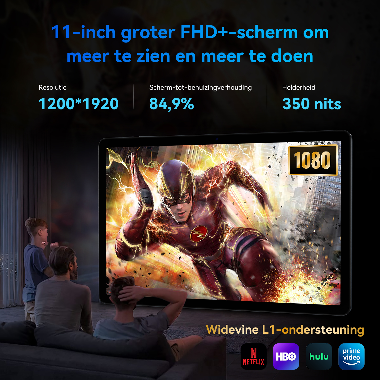 Een tablet toont The Flash. Drie mensen kijken toe. Specificaties: 1200x1920, 84,9%, 350 nits.