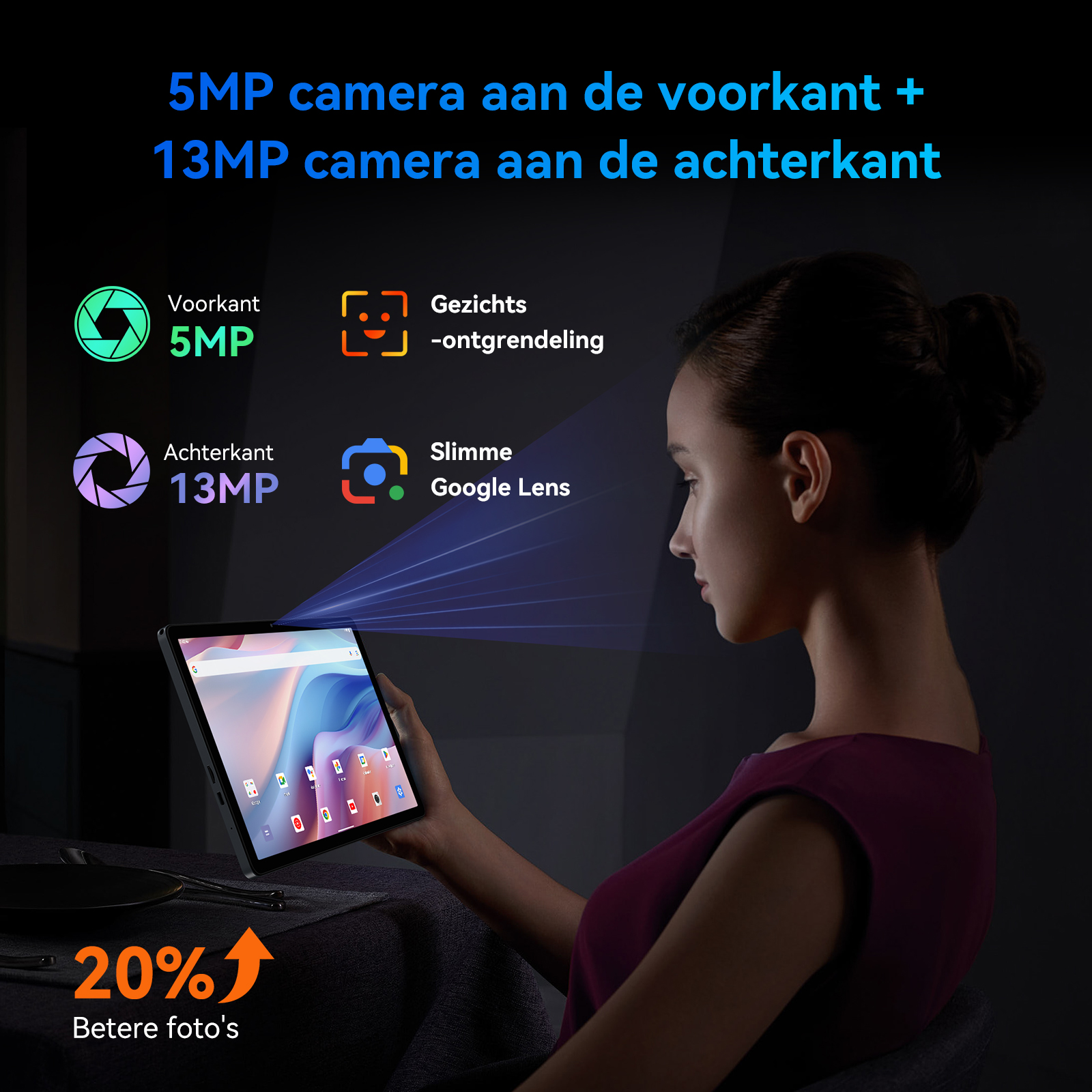 Vrouw houdt tablet vast met 5MP frontcamera, 13MP achtercamera, gezichtsontgrendeling & Google Lens.